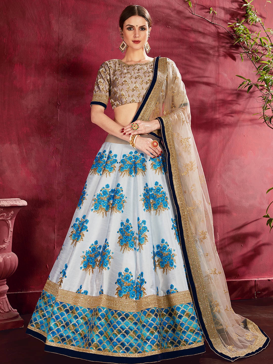 

FABPIXEL Embroidered Semi-Stitched Lehenga & Unstitched Blouse With Dupatta, Cream