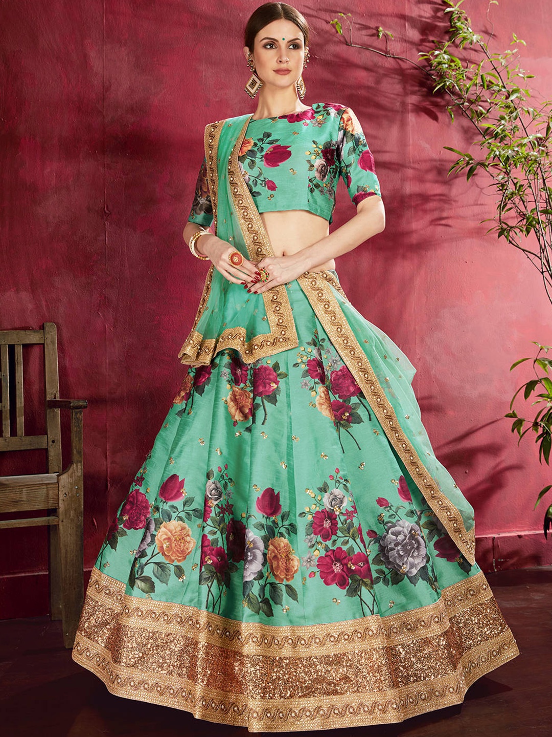 

FABPIXEL Printed Semi-Stitched Lehenga & Unstitched Blouse With Dupatta, Green