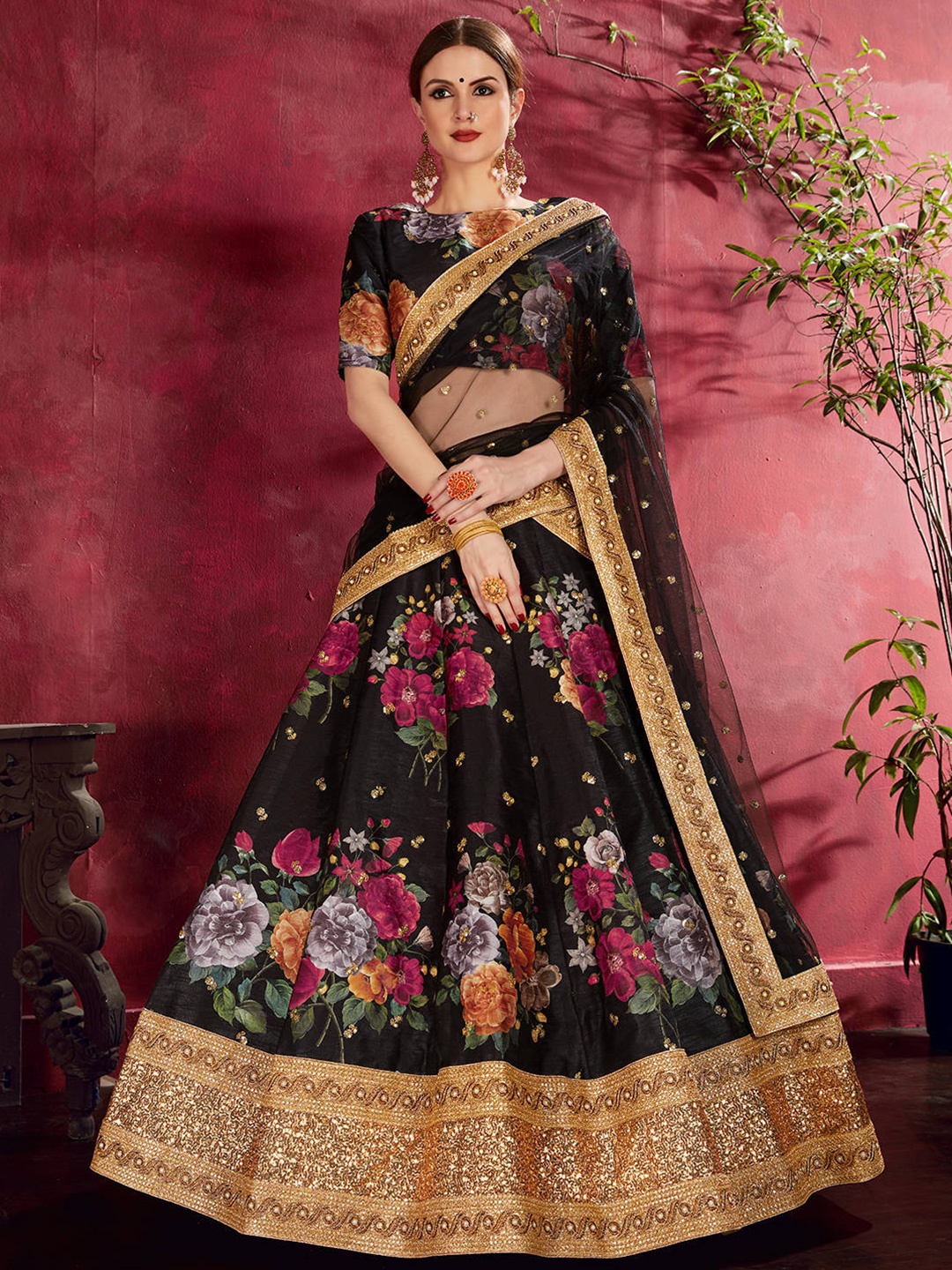 

FABPIXEL Black & Red Printed Semi-Stitched Lehenga & Unstitched Blouse With Dupatta