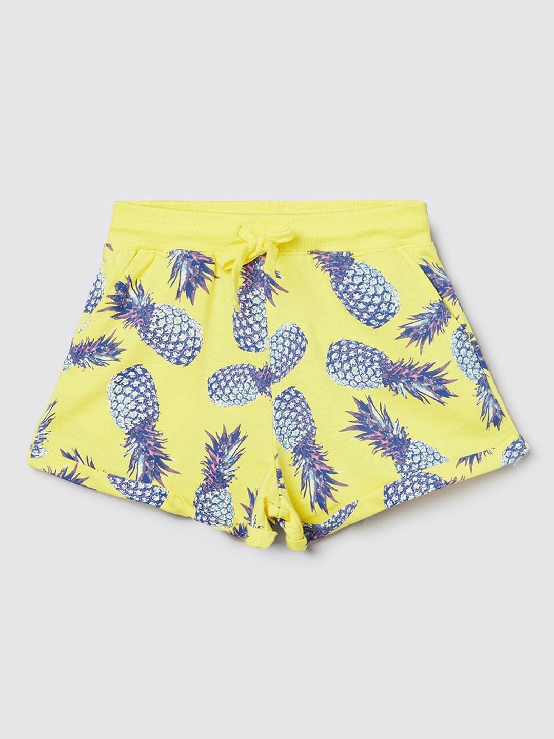 

max Girls Pineapple Printed Mid Rise Cotton Shorts, Yellow