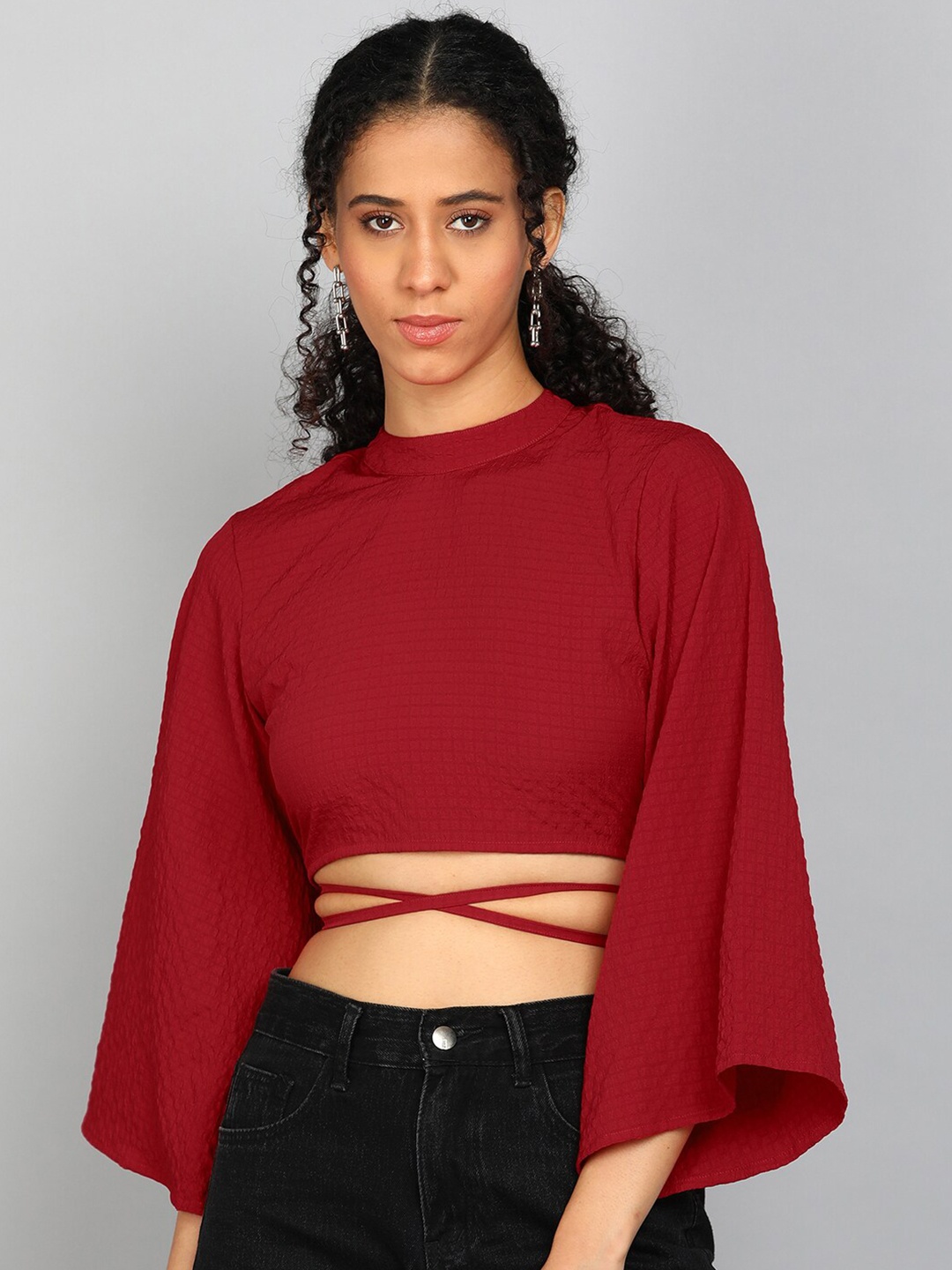 

4WRD by Dressberry Women Red Flared-Sleeves Crop Top