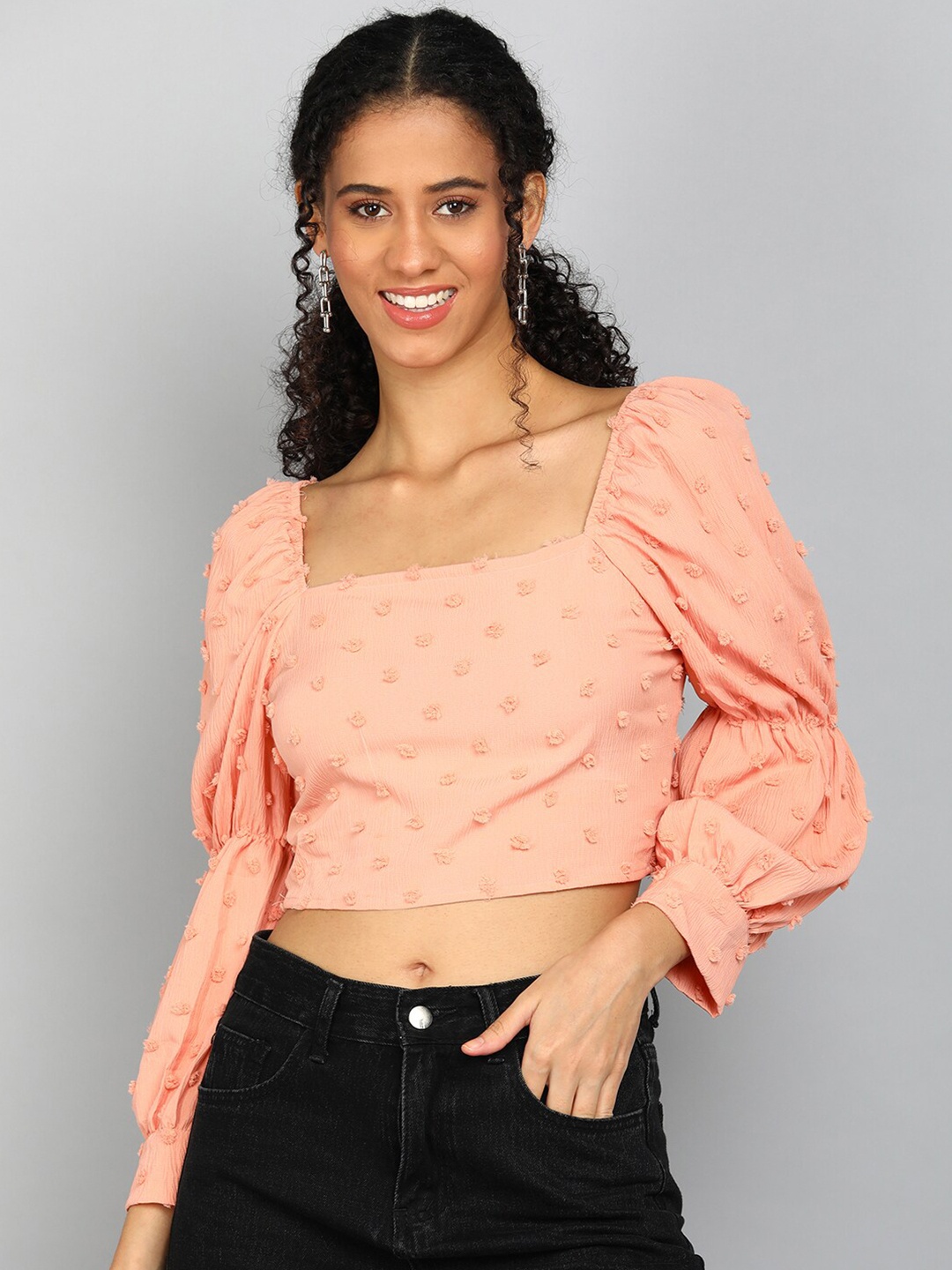 

4WRD by Dressberry Peach-Coloured Self Design Crop Top