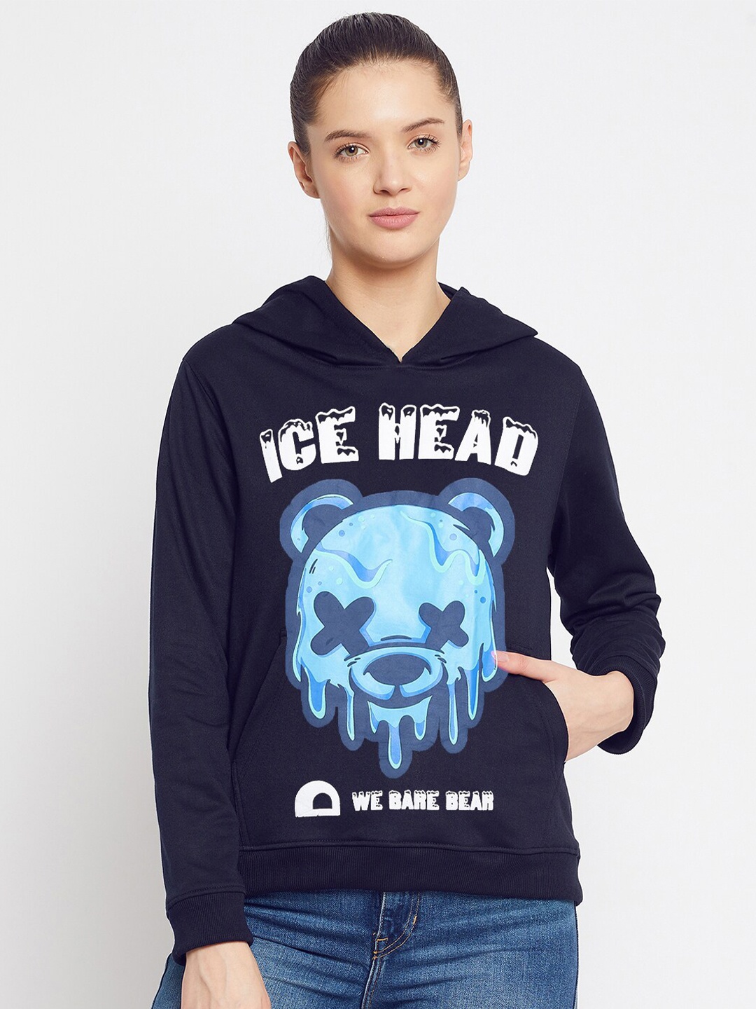 

FRENCH FLEXIOUS Women Navy Blue Printed Hooded Sweatshirt