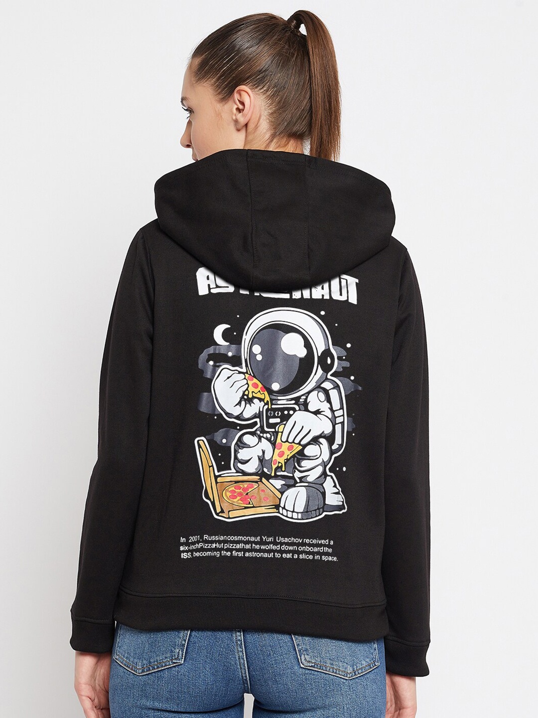 

FRENCH FLEXIOUS Women Black Printed Hooded Sweatshirt