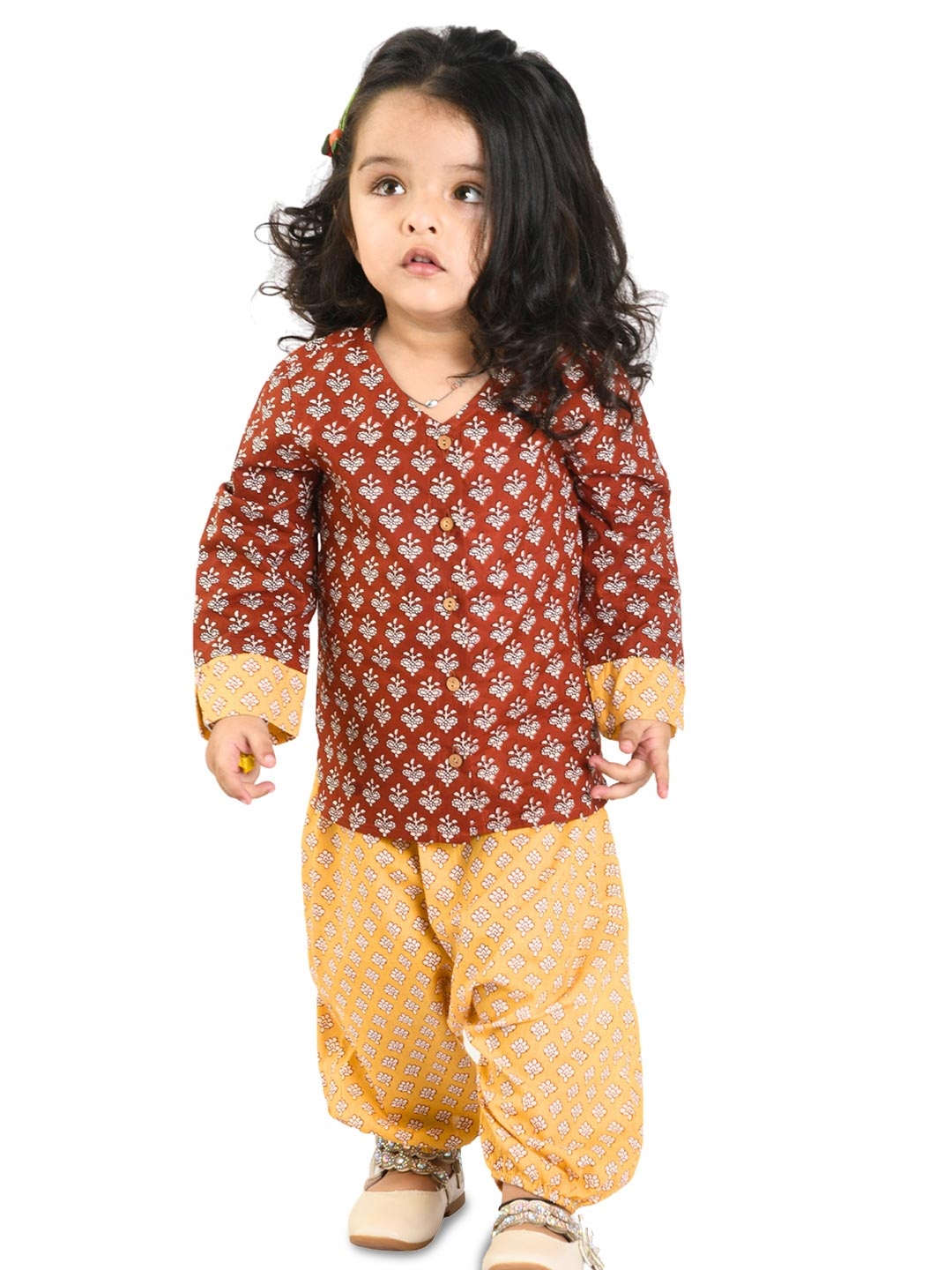 

Tiny Bunnies Girls Red & Yellow Pure Cotton Kurta Top With Trousers