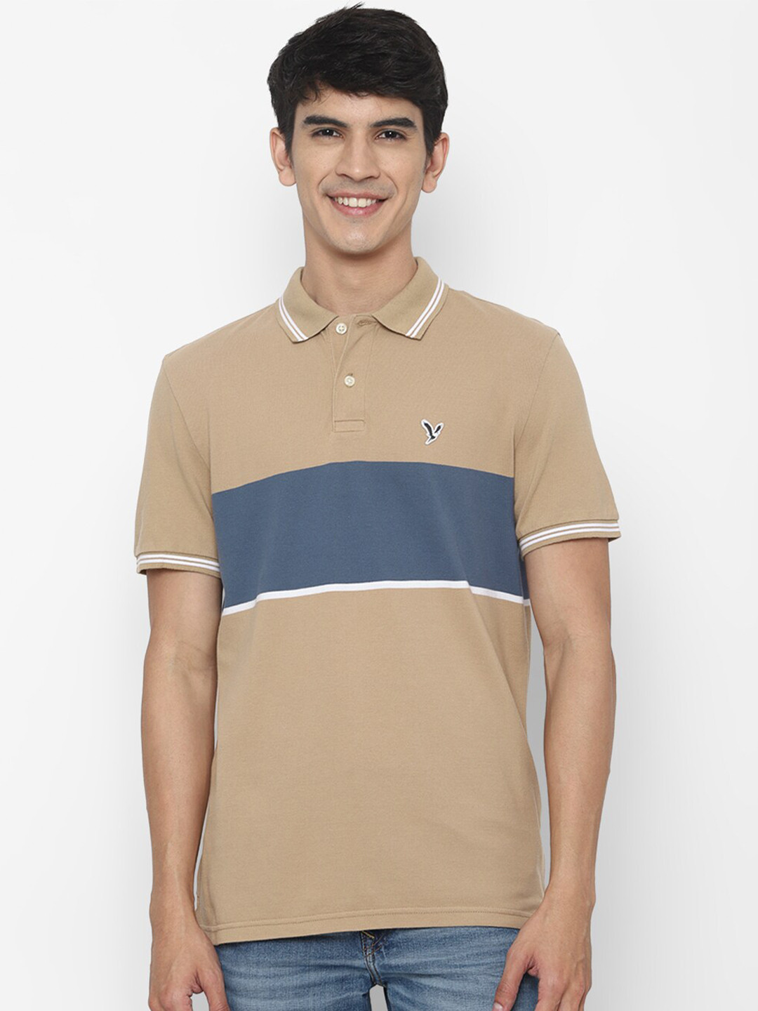 

AMERICAN EAGLE OUTFITTERS Men Beige & Blue Polo Collar Cotton T-shirt