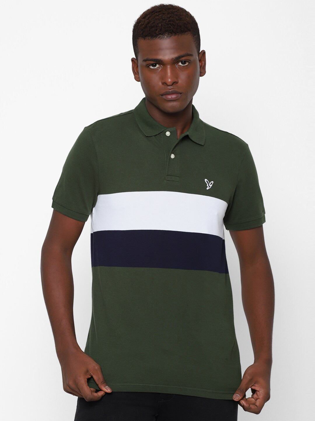 

AMERICAN EAGLE OUTFITTERS Men Green & White Colourblocked Polo Collar T-shirt