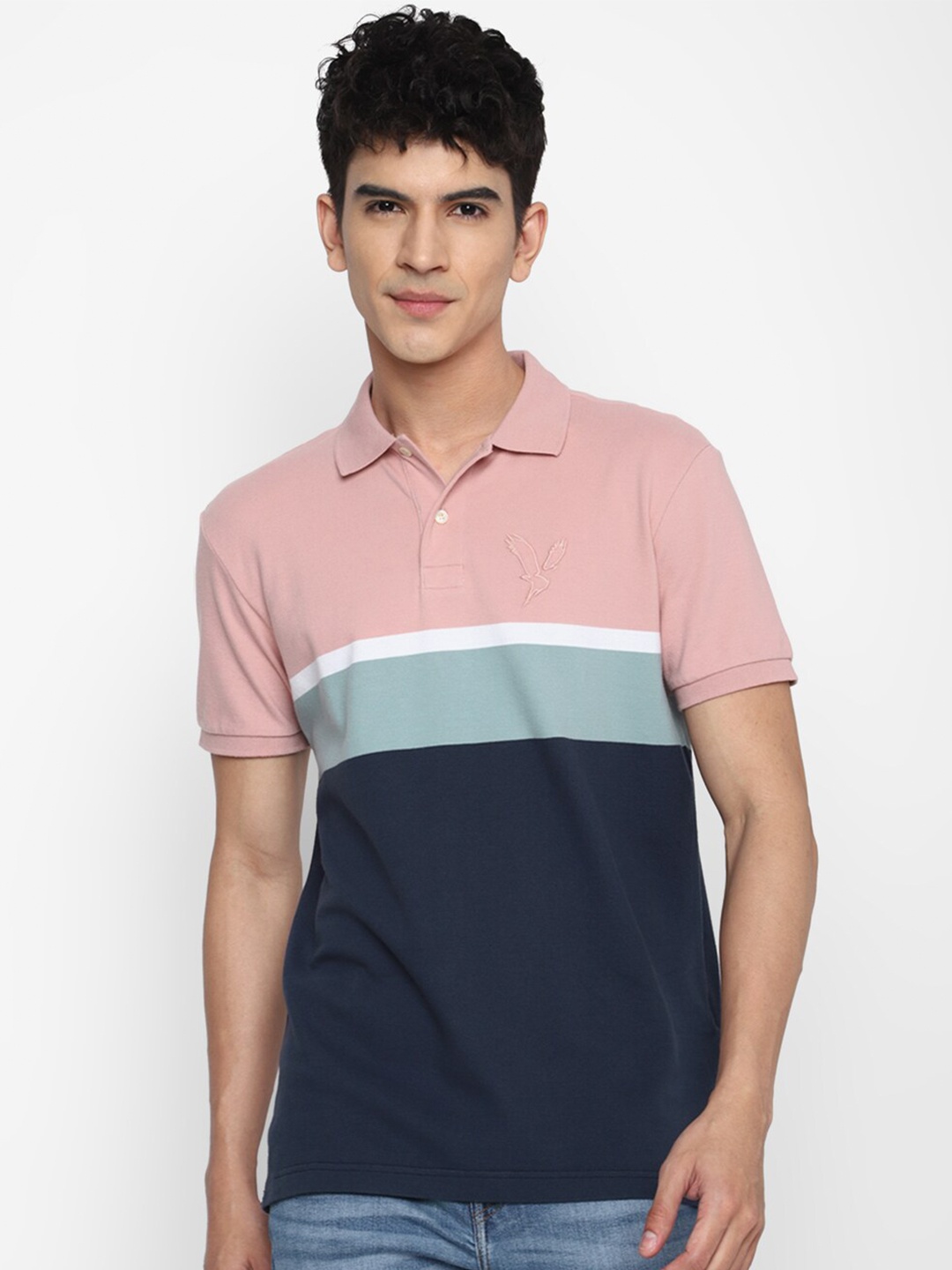 

AMERICAN EAGLE OUTFITTERS Men Pink & Navy Blue Colourblocked Polo Collar T-shirt