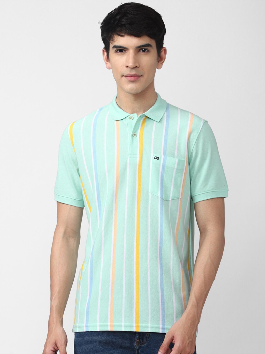 

Peter England Casuals Men Green Striped Polo Collar T-shirt
