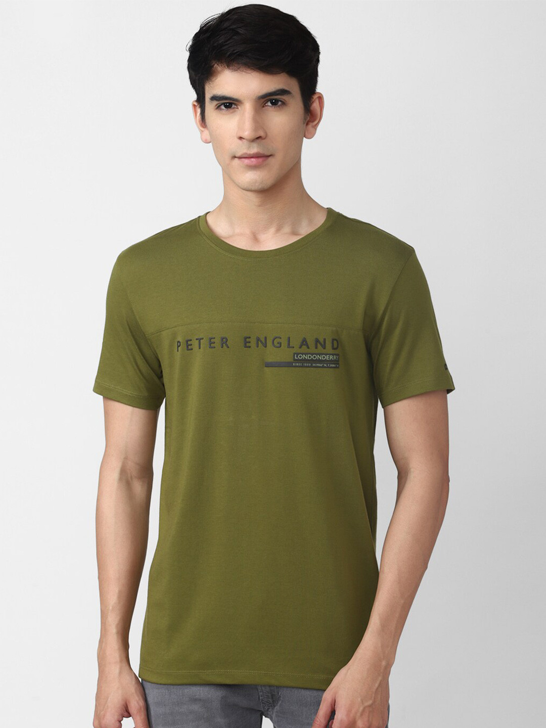 

Peter England Casuals Men Olive Green Typography Printed Slim Fit T-shirt