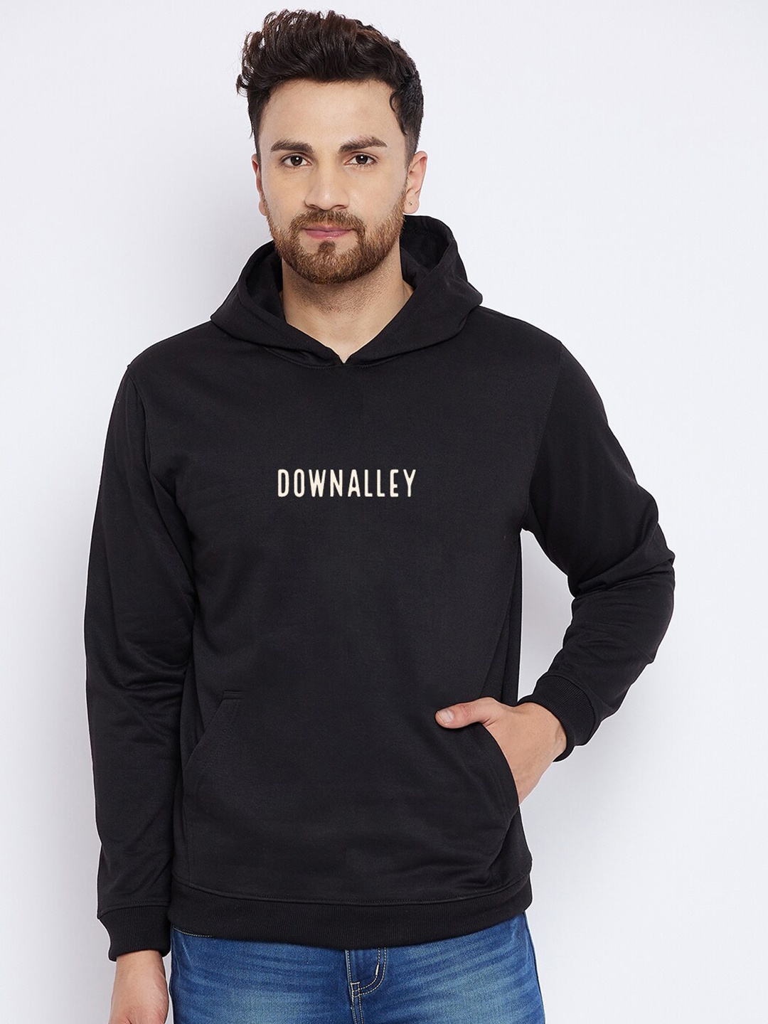 

FRENCH FLEXIOUS Men Black Printed Hooded Fleece Sweatshirt