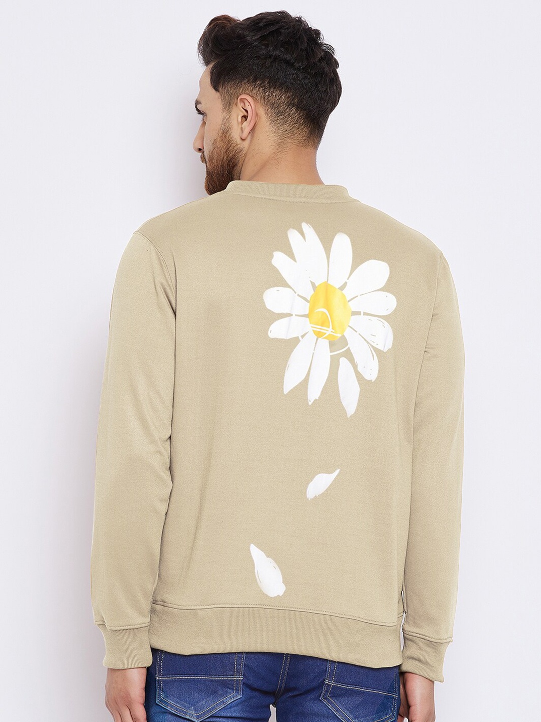 

FRENCH FLEXIOUS Men Beige Printed Fleece Pullover Sweatshirt