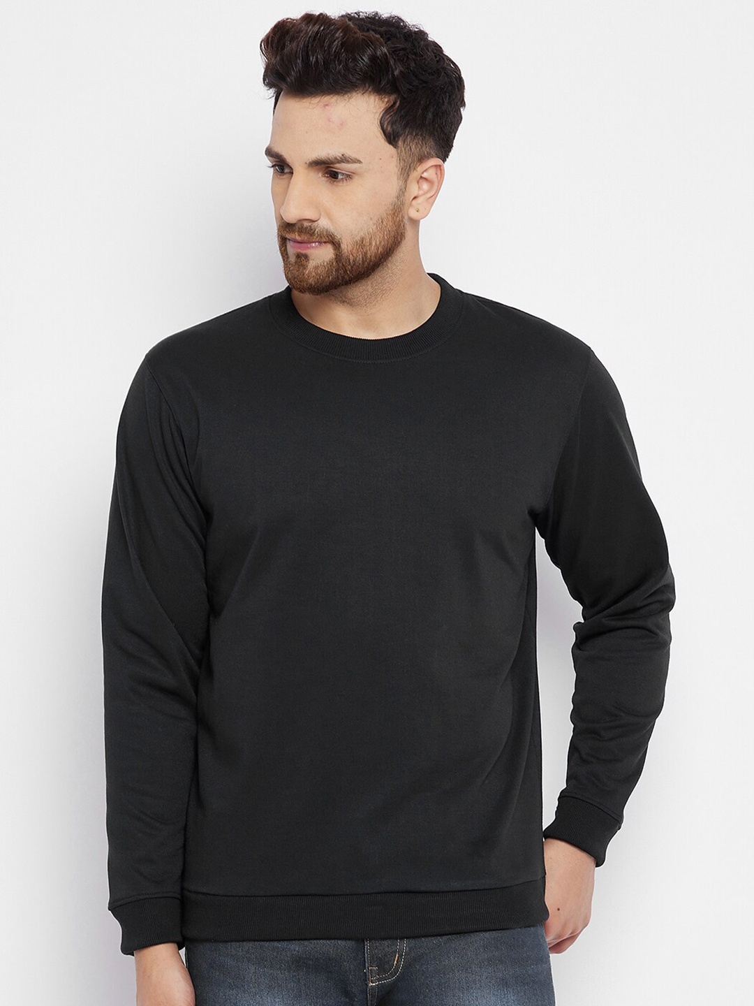 

FRENCH FLEXIOUS Men Black Solid Fleece Pullover Sweatshirt