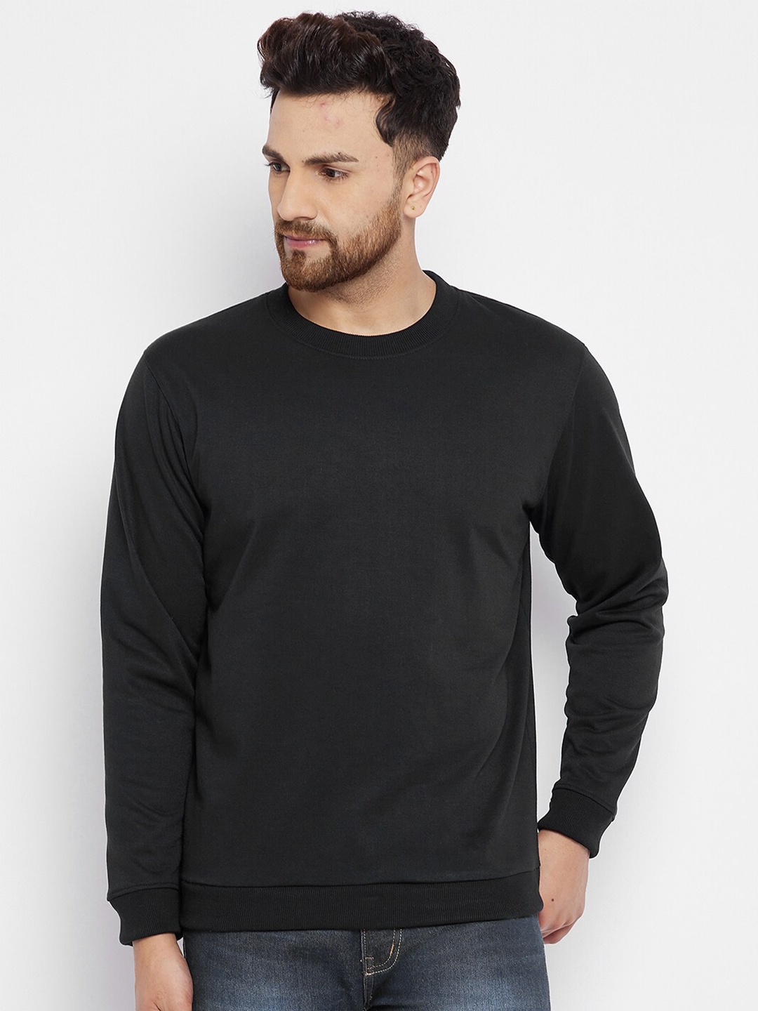 

FRENCH FLEXIOUS Men Black Solid Fleece Pullover Sweatshirt