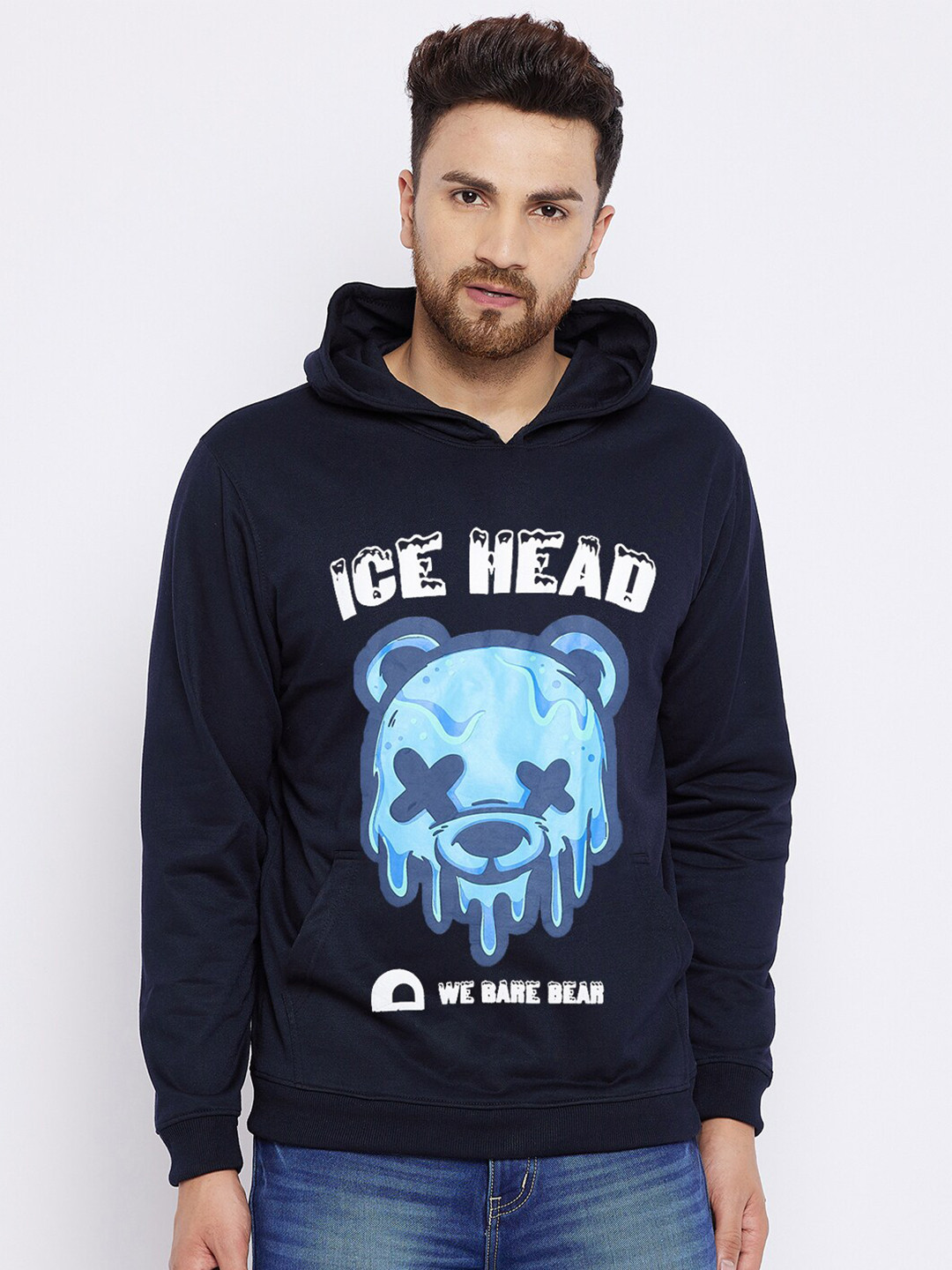 

FRENCH FLEXIOUS Men Navy Blue Printed Hooded Fleece Pullover Sweatshirt