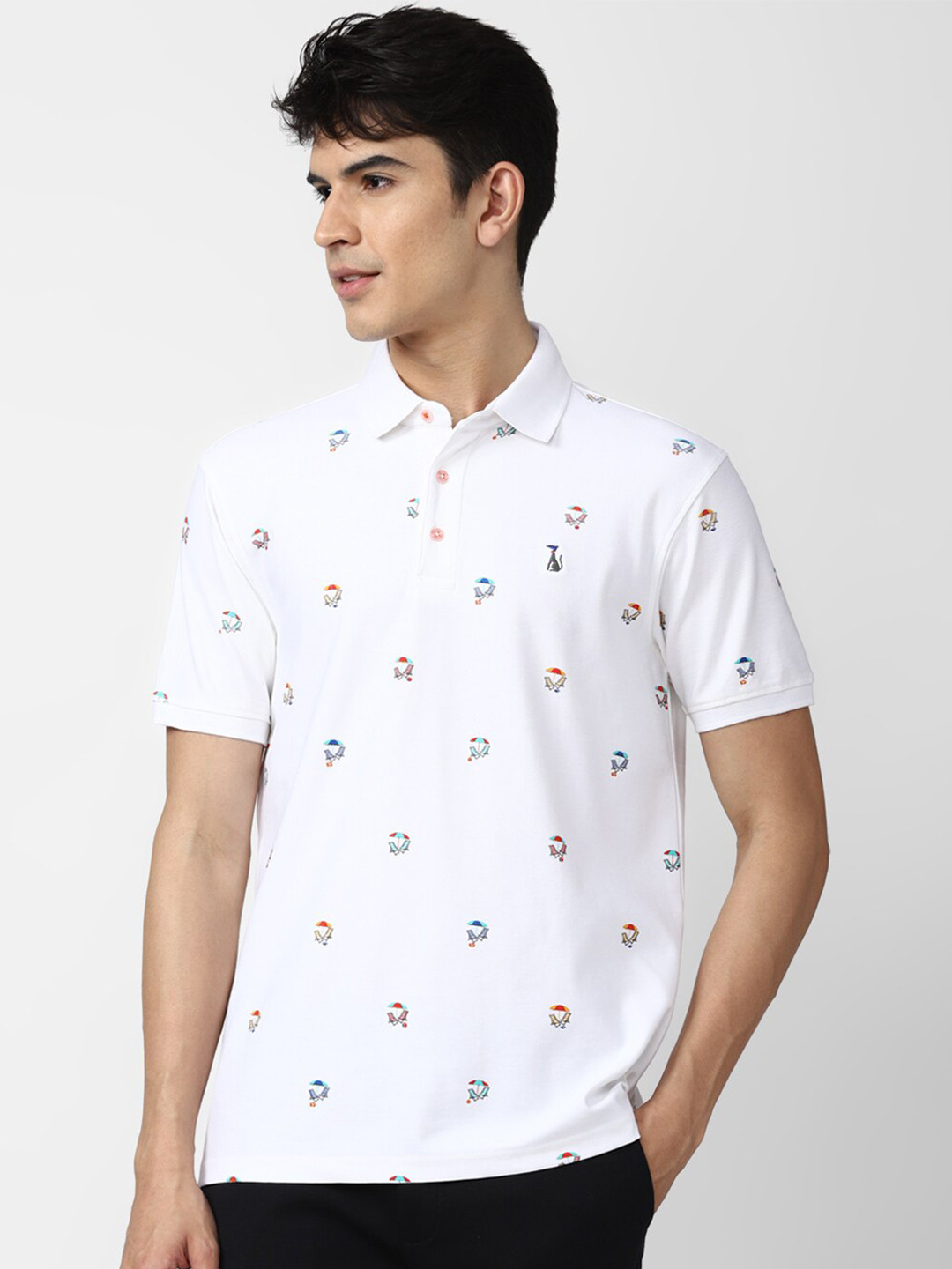 

SIMON CARTER LONDON Men White Printed Polo Collar Slim Fit T-shirt
