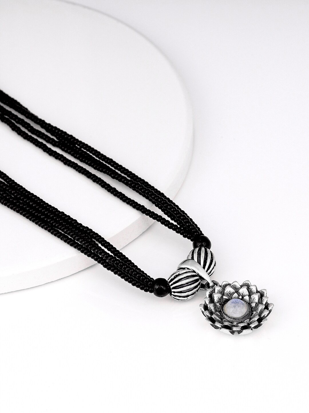 

GIVA 925 Sterling Silver Silver-Toned & Black Stones-Studded & Beaded Lotus Moonstone Mangalsutra