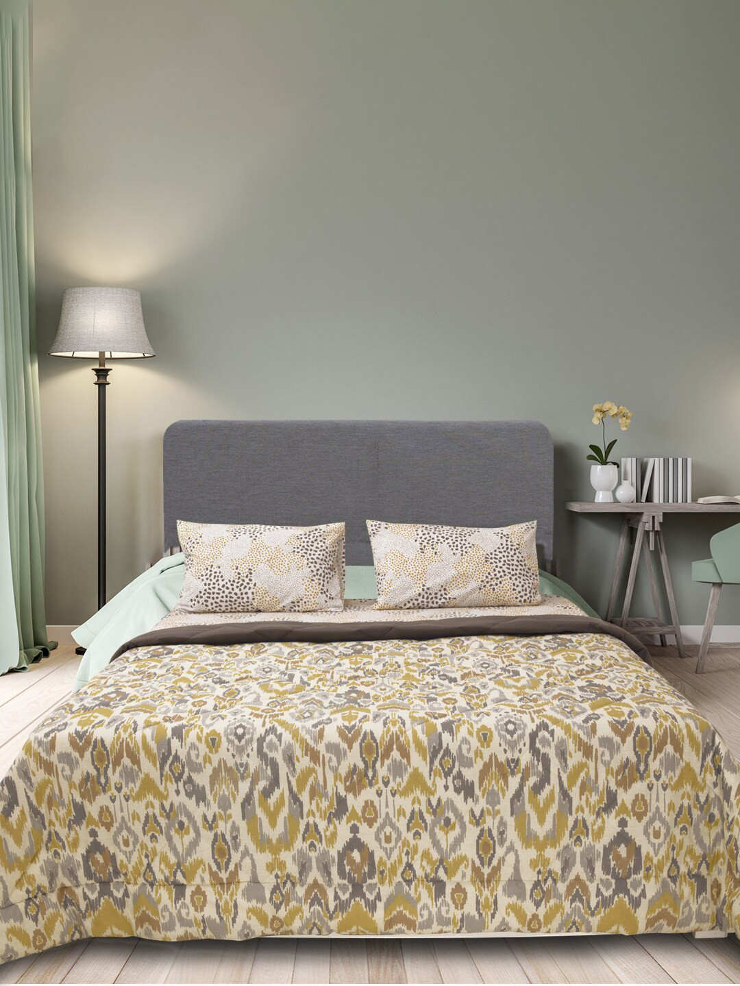 

SLEEPX Ethnic Motifs Mild Winter 150 GSM Microfiber Cotton Reversible Single Bed Comforter, Grey