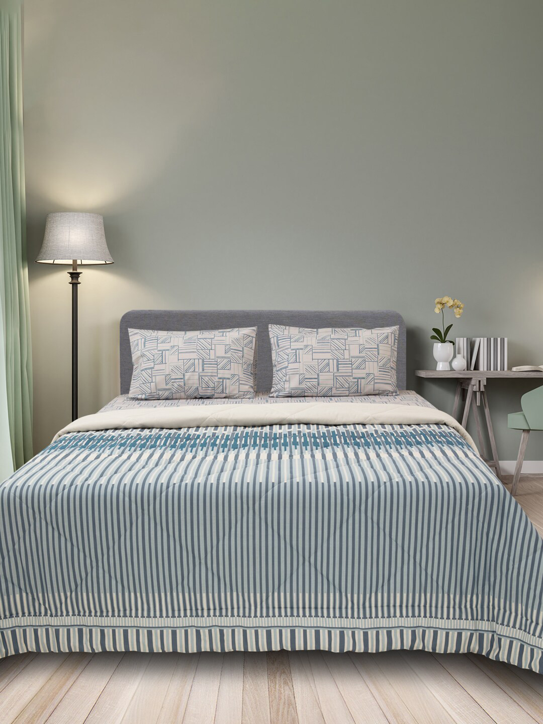 

SLEEPX Striped Mild Winter 150 GSM Microfiber Cotton Reversible Single Bed Comforter, Blue