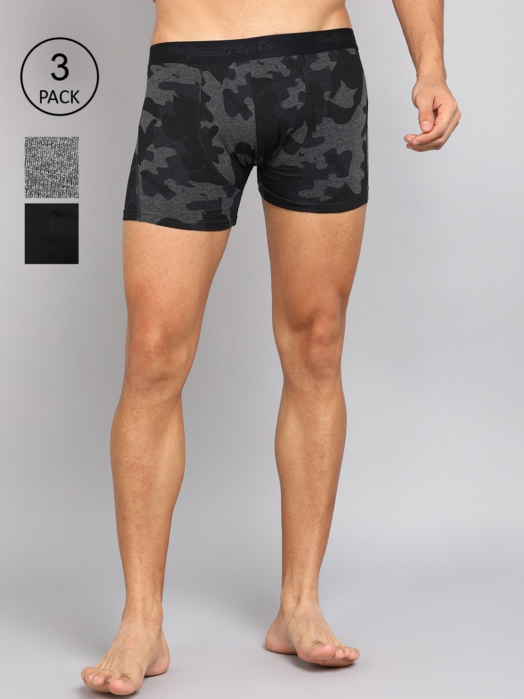 

Roadster Men Pack Of 3 Printed Cotton Trunks, Black