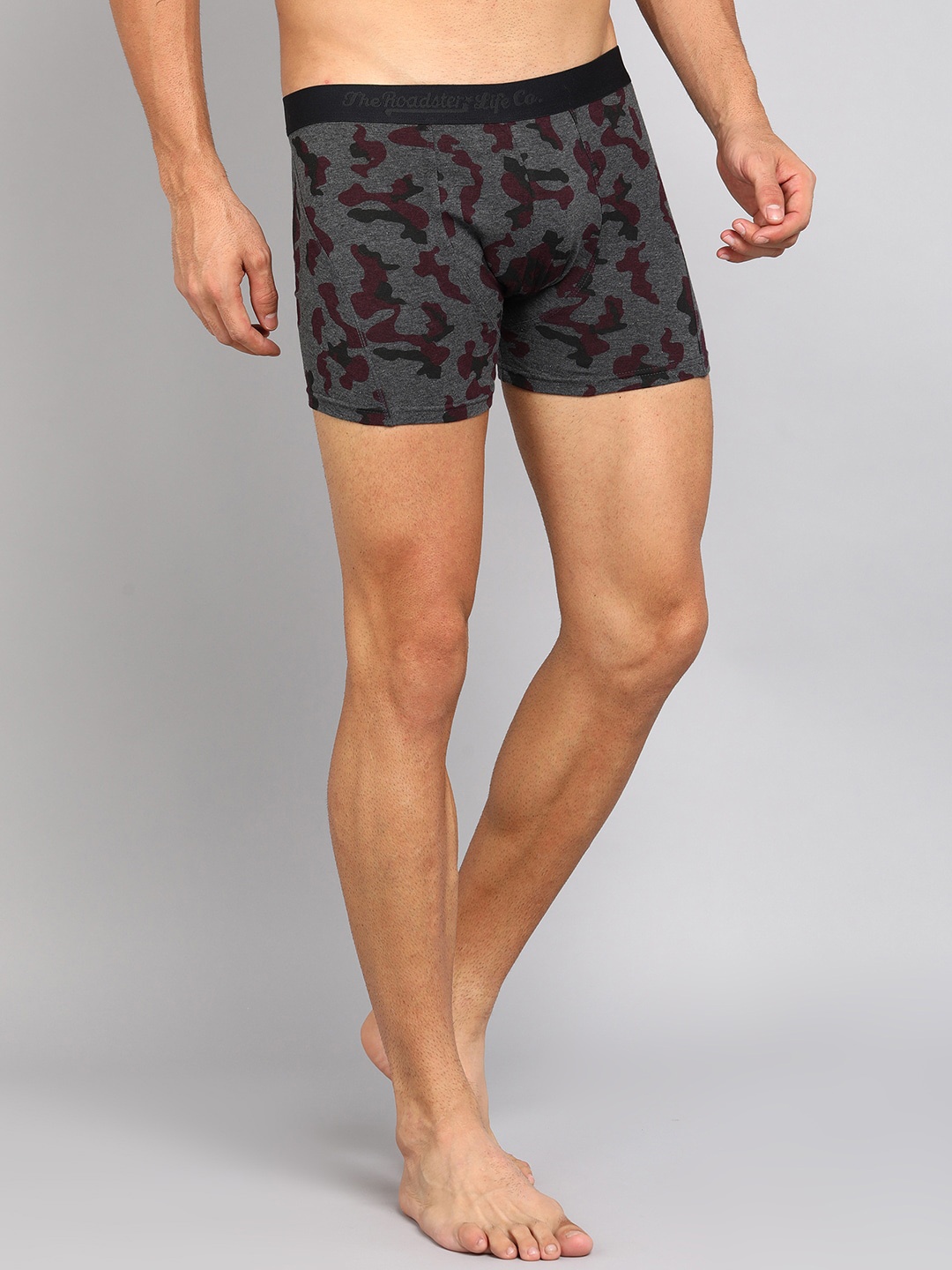 

Roadster Men Charcoal & Maroon Printed Camouflage Cotton Trunk