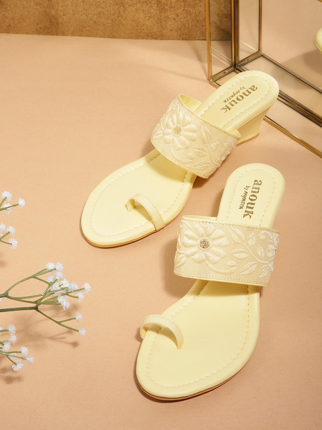 

Anouk Women Yellow Floral Embroidered Wedge Heels