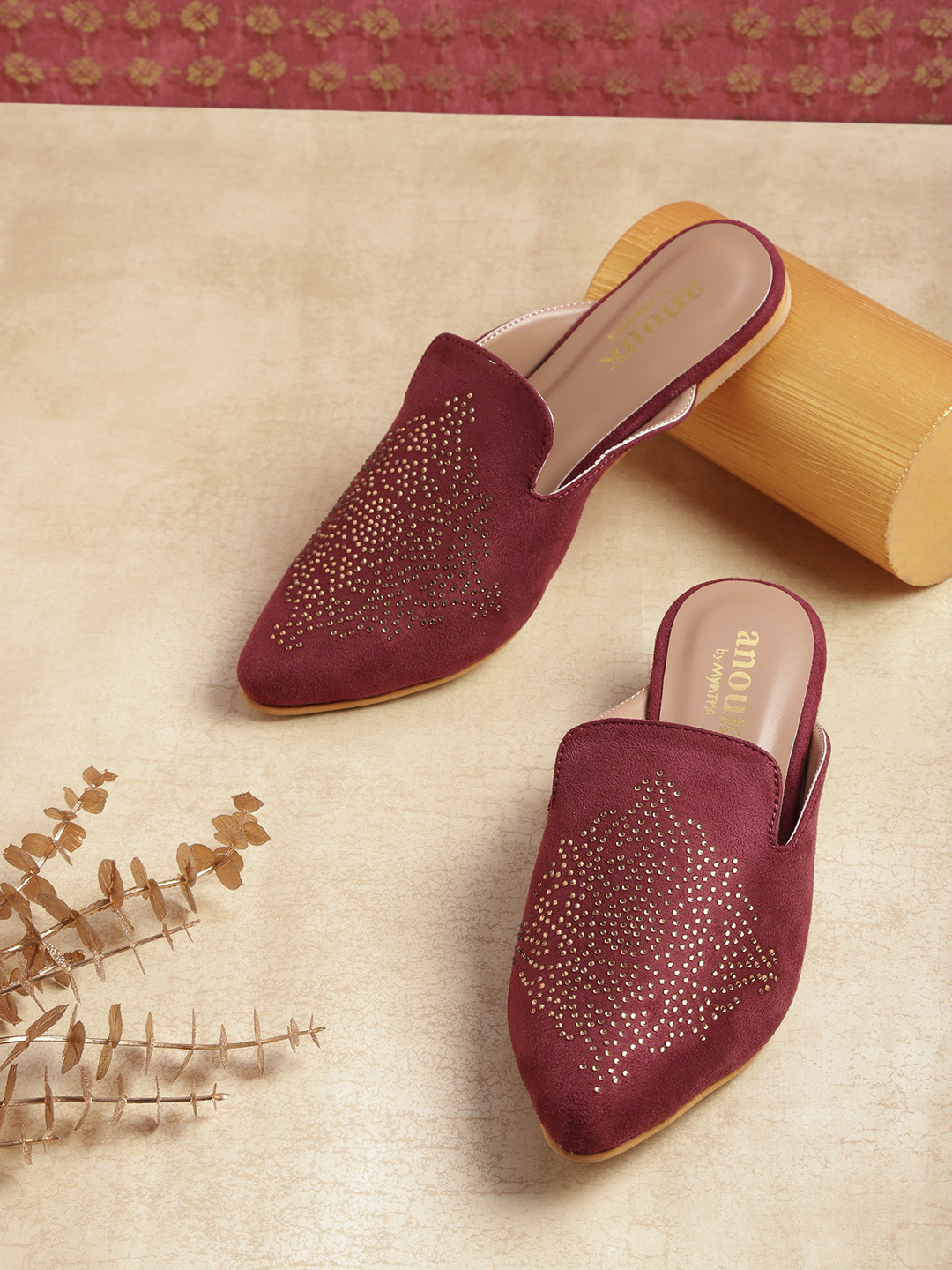 

Anouk Women Maroon & Gold-Toned Stone Embellished Pointed Toe Mules