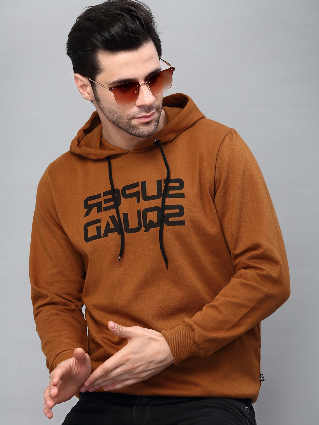 

Rigo Men Brown Printed Hooded Fleece Sweatshirt