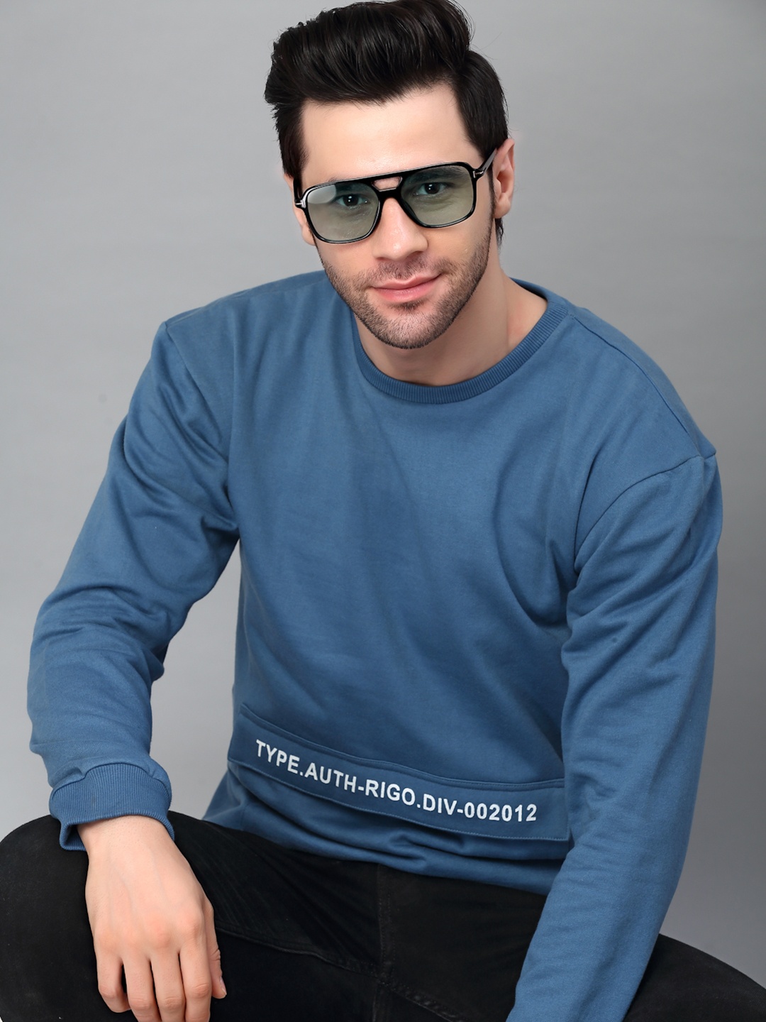 

Rigo Men Blue Printed Round Neck Fleece Sweatshirt