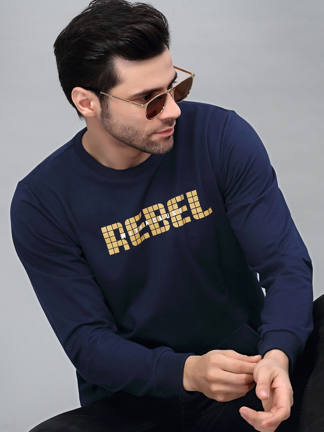

Rigo Men Blue Printed Round Neck Fleece Sweatshirt