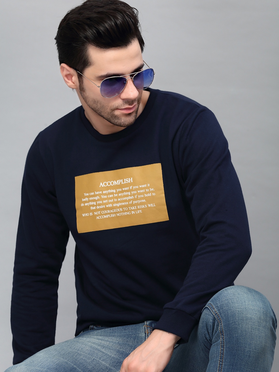 

Rigo Men Blue Printed Round Neck Fleece Sweatshirt