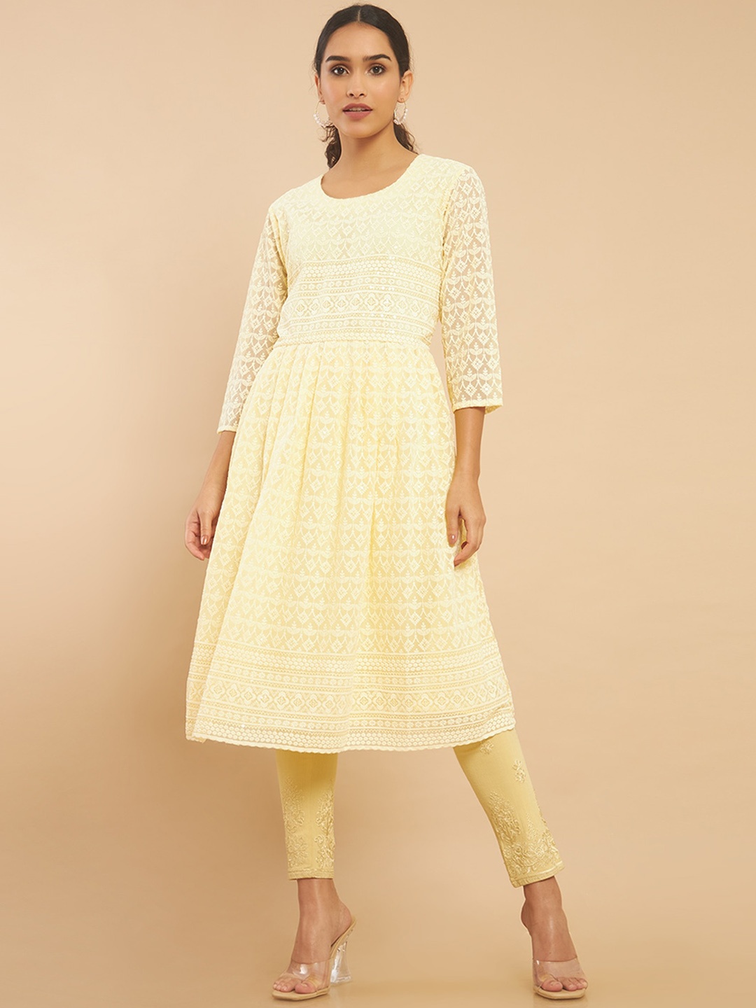 

Soch Women Yellow Ethnic Motifs Embroidered Chikankari Georgette Anarkali Kurta