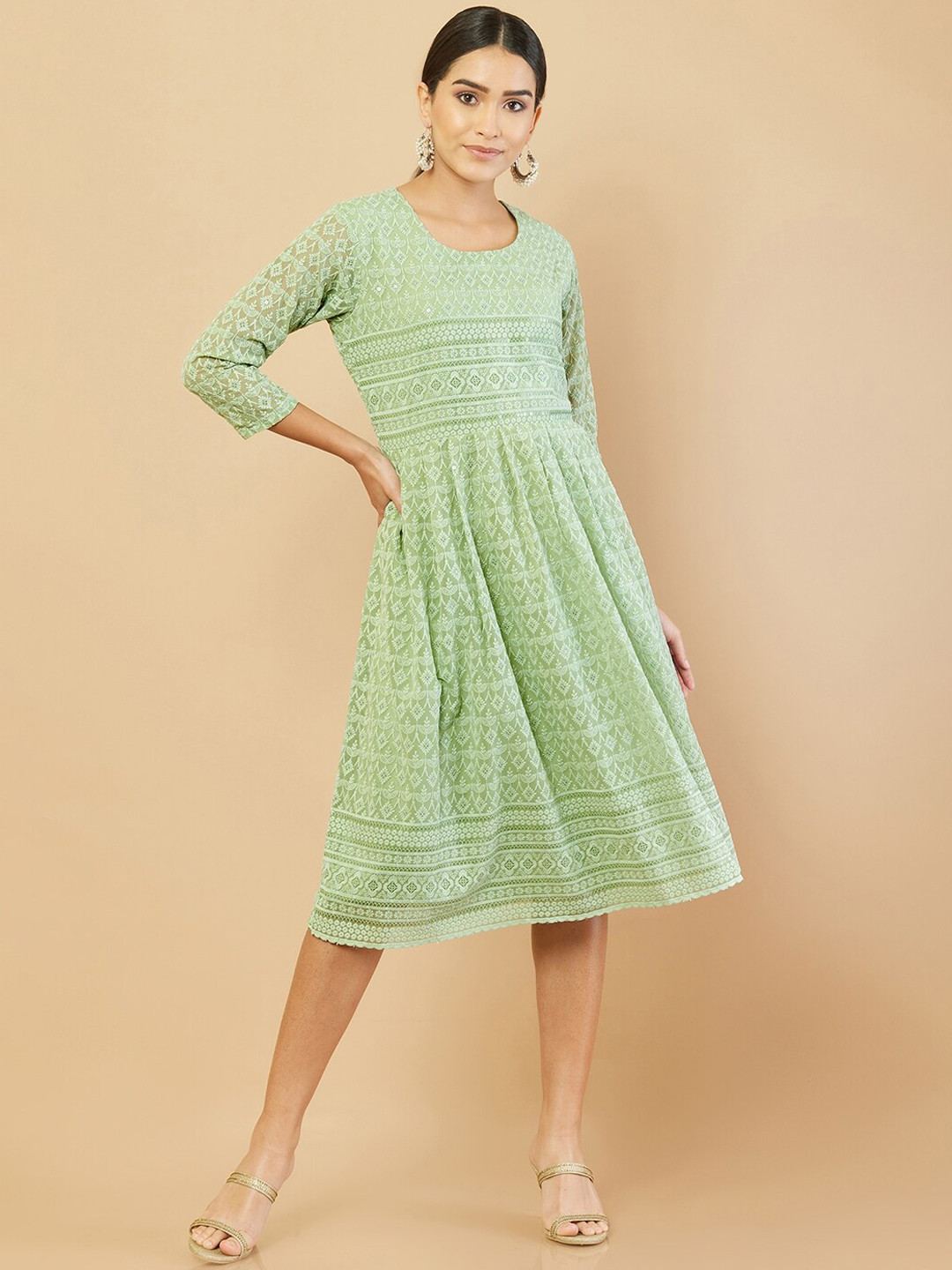 

Soch Women Green Embroidered Georgette A-Line Ethnic Dress