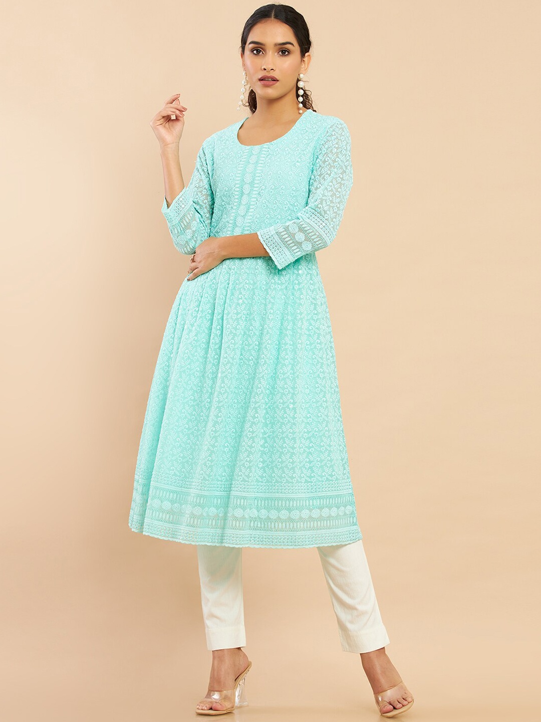 

Soch Women Turquoise Blue Flared Sleeves Gotta Patti Georgette Anarkali Kurta