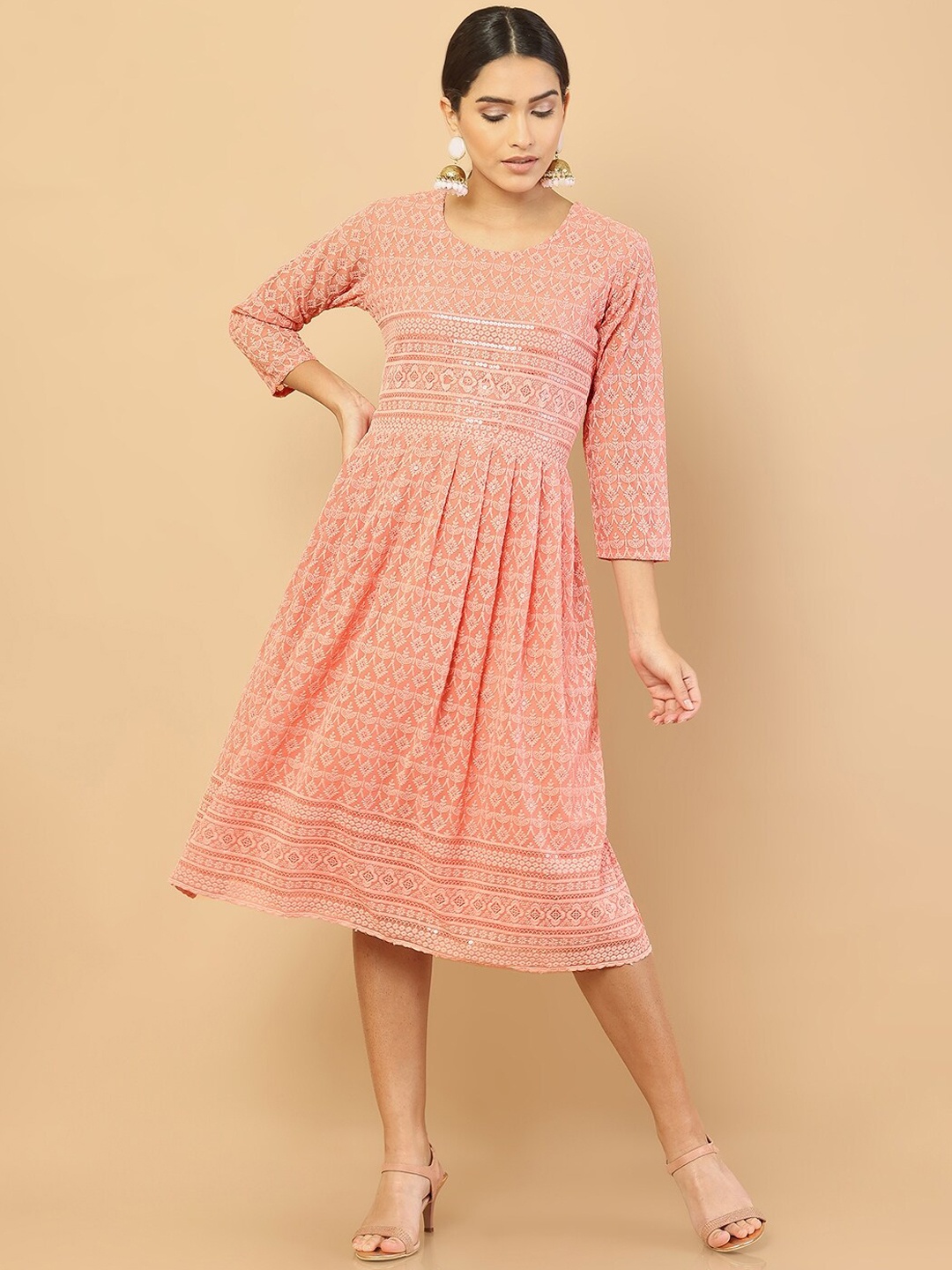 

Soch Peach-Coloured Ethnic Motifs Embroidered Georgette Ethnic Dress