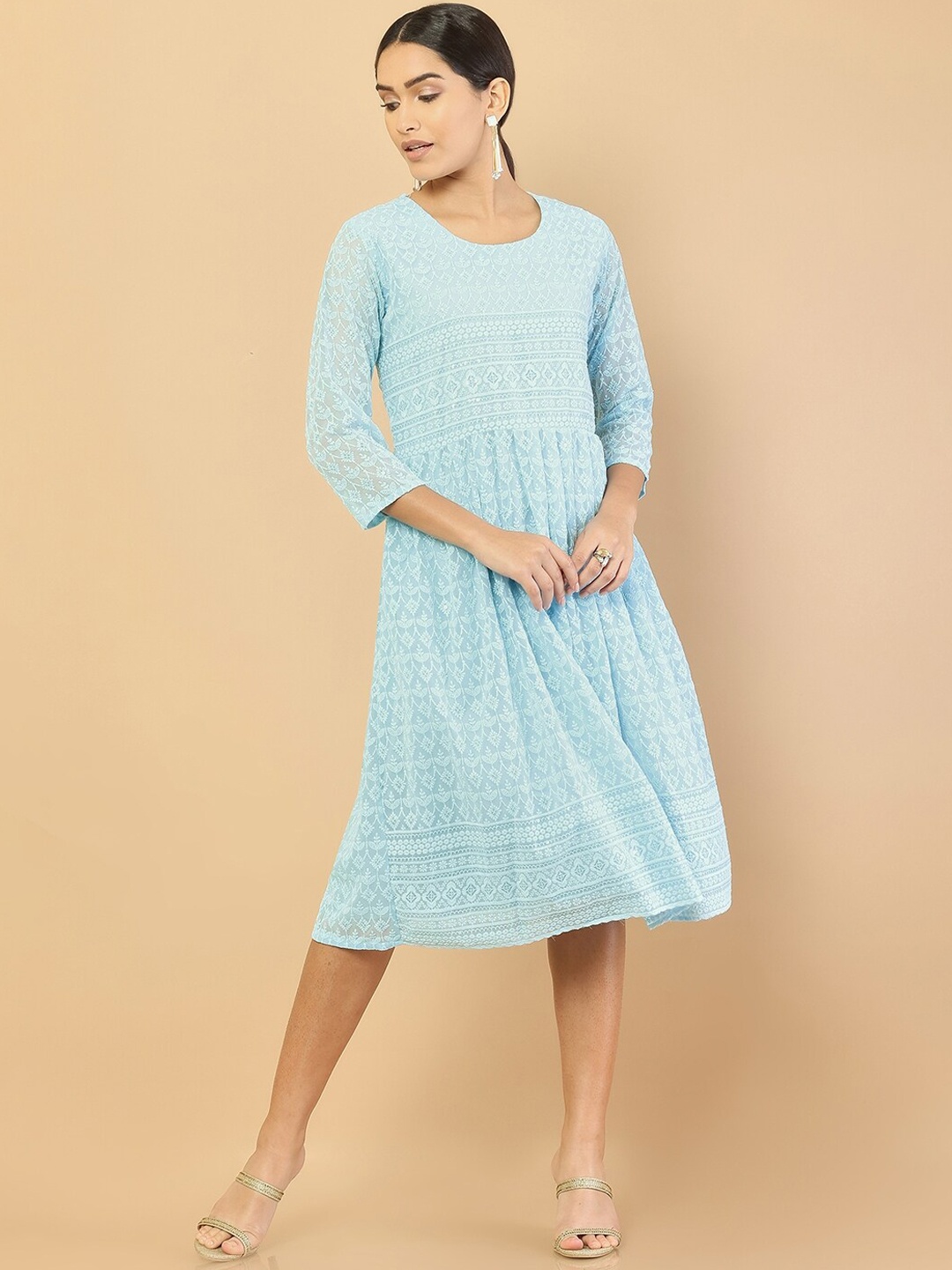 

Soch Blue & White Embellished Embroidered Georgette A-Line Ethnic Maxi Dress