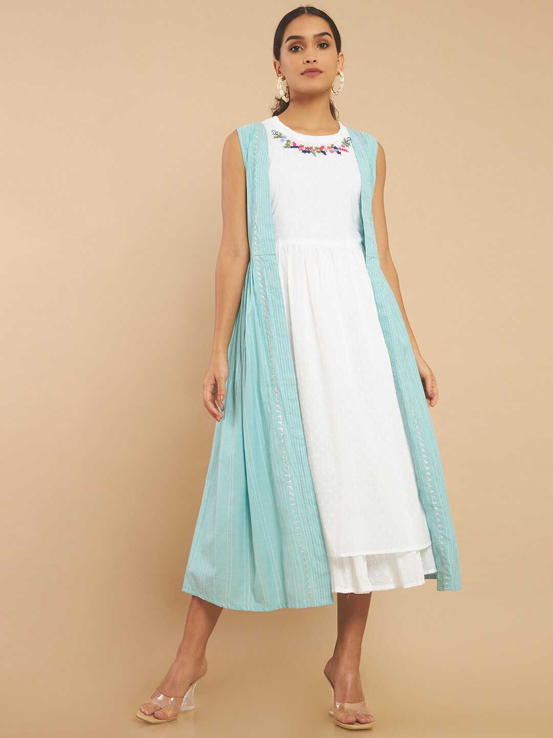

Soch White Solid Embroidered Layered Ethnic A-Line Ethnic Midi Dress