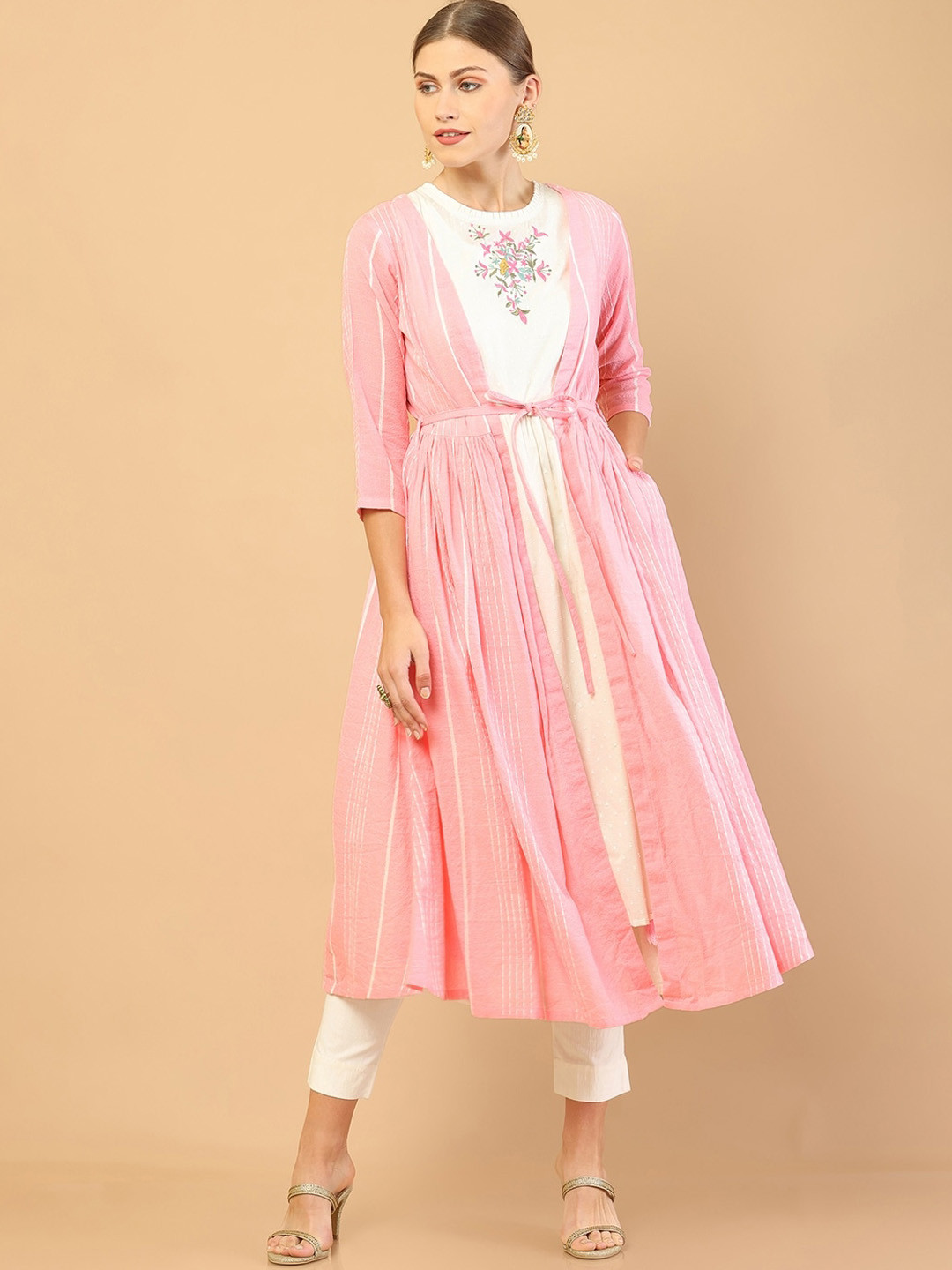 

Soch Women Pink & White Floral Embroidered Cotton Anarkali Kurta