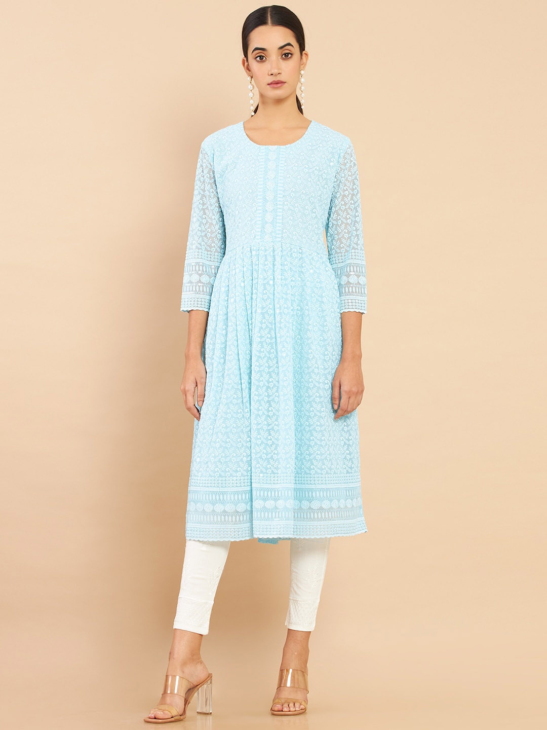

Soch Women Blue & White Floral Embroidered Chikankari Georgette Kurta