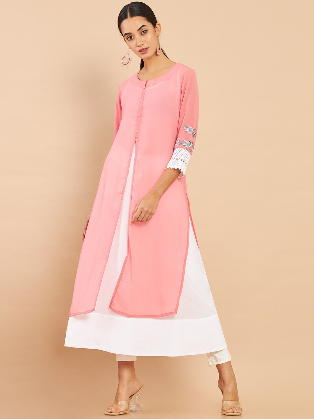 

Soch Women Coral & White Round Neck Kurta