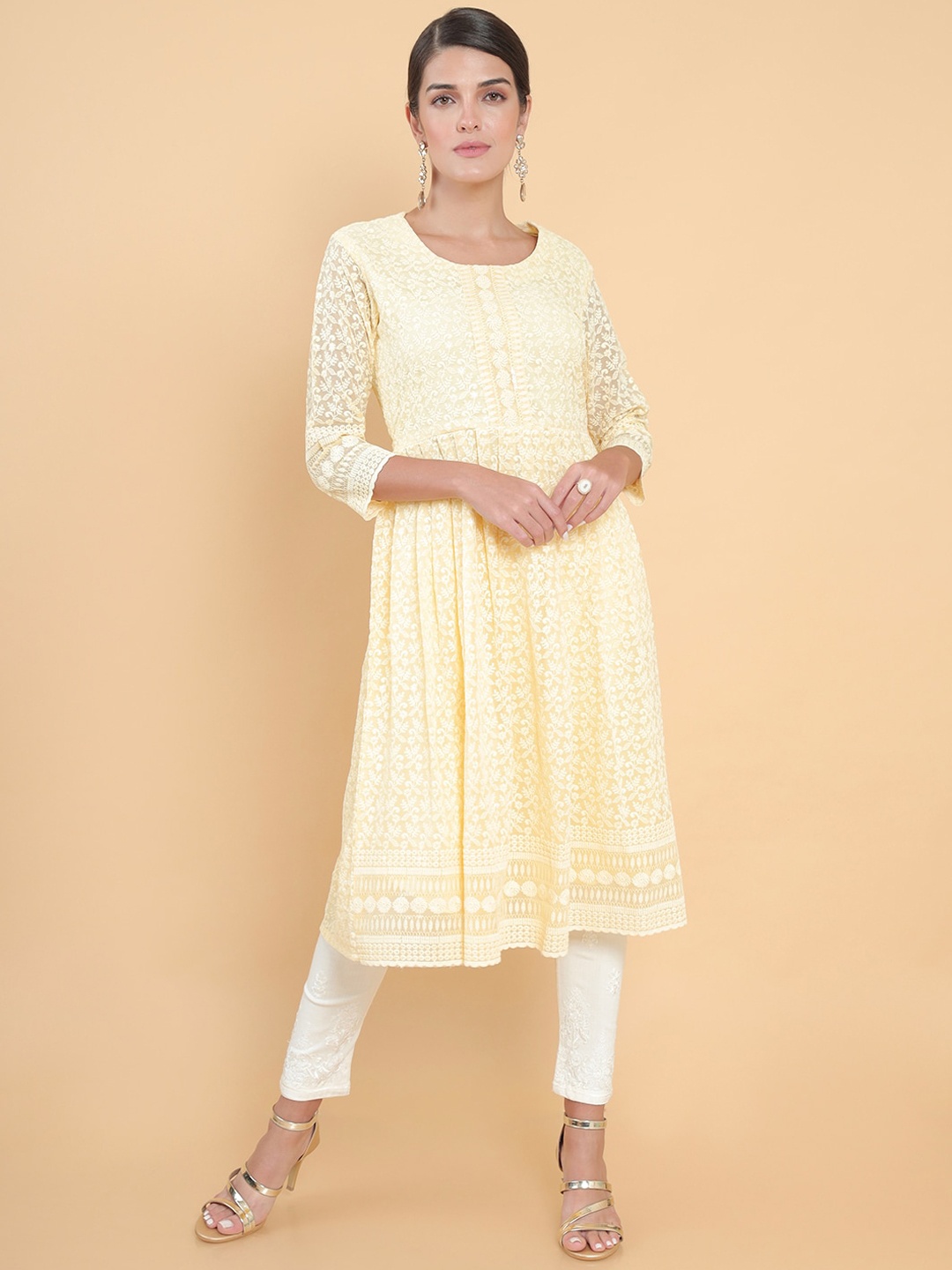 

Soch Women Yellow Flared Sleeves Chikankari Georgette Anarkali Kurta