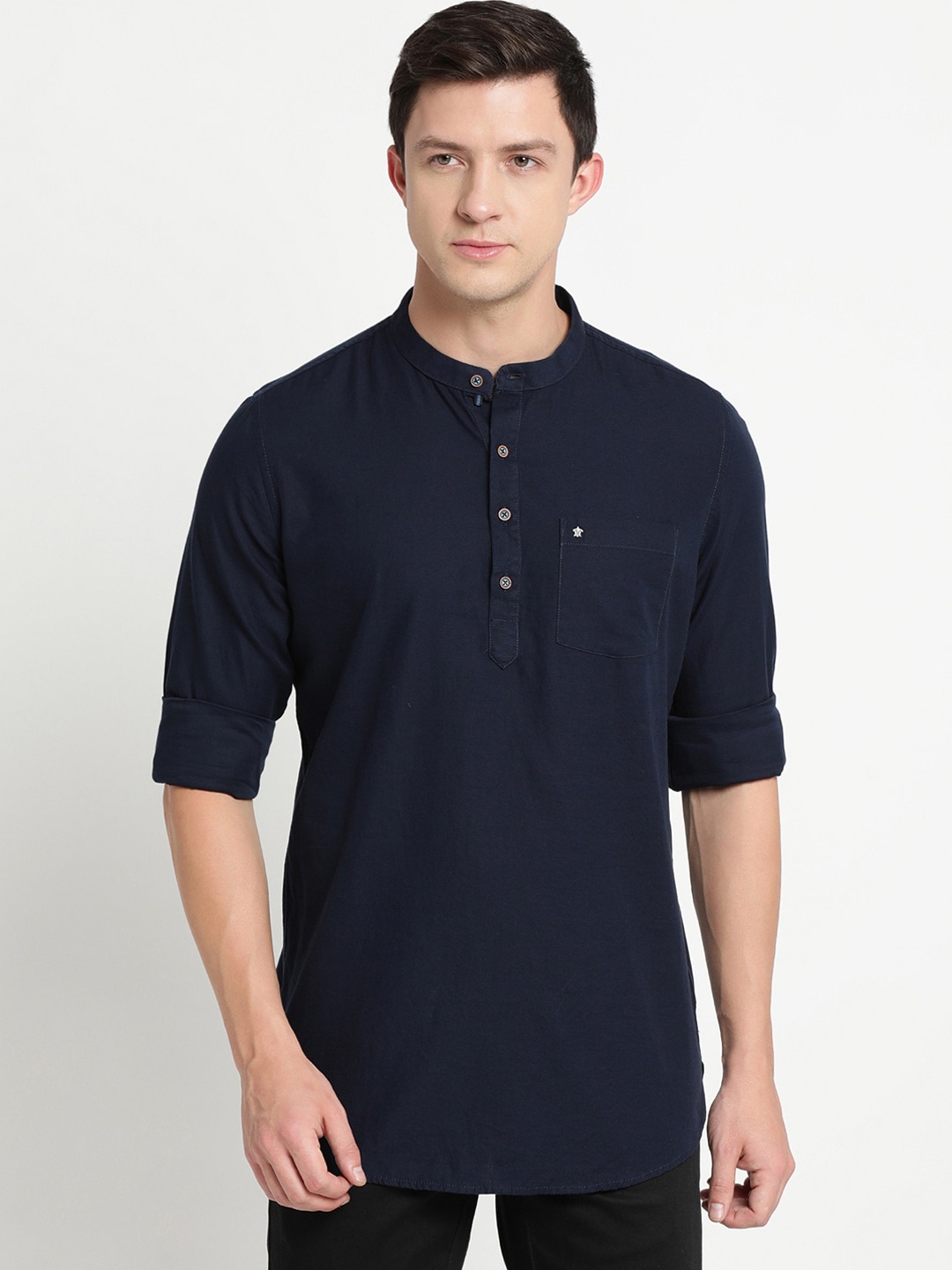 

Turtle Men Navy Blue Pure Cotton Mandarin Collar Slim Fit T-shirt