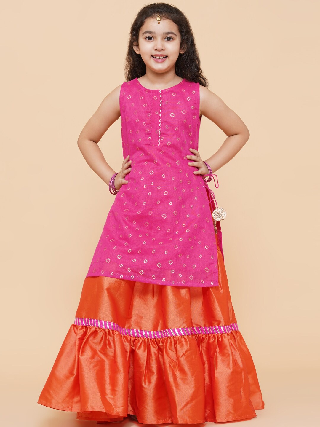 

Bitiya by Bhama Girls Pink & Orange Printed Ready to Wear Lehenga Choli