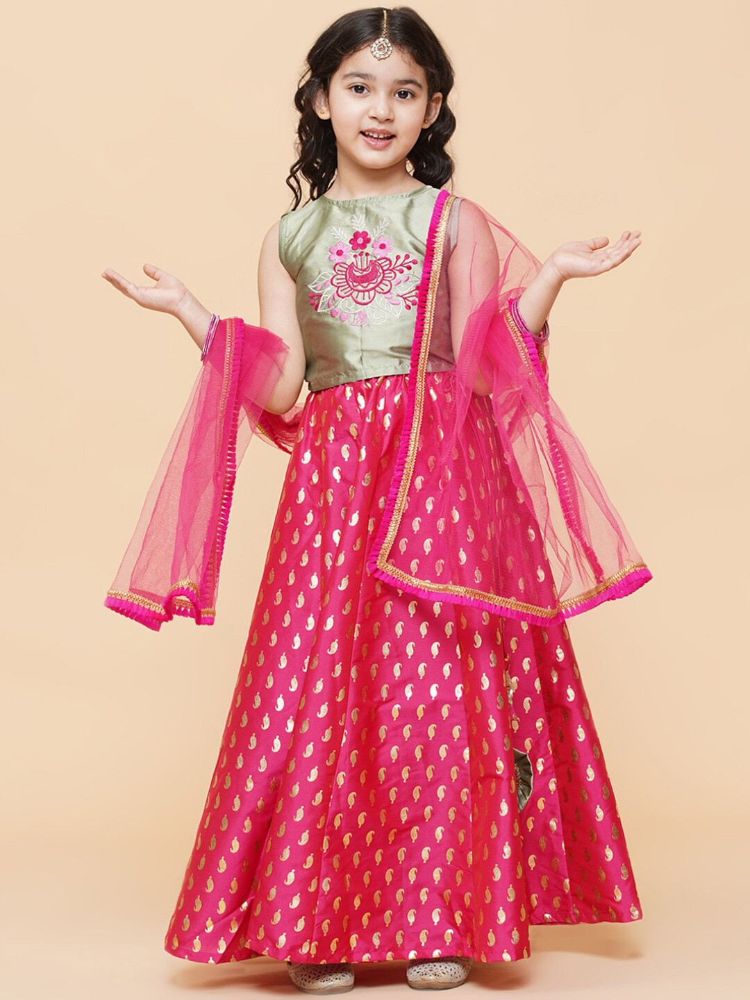 

Bitiya by Bhama Girls Embroidered Ready to Wear Lehenga & Blouse With Dupatta, Green