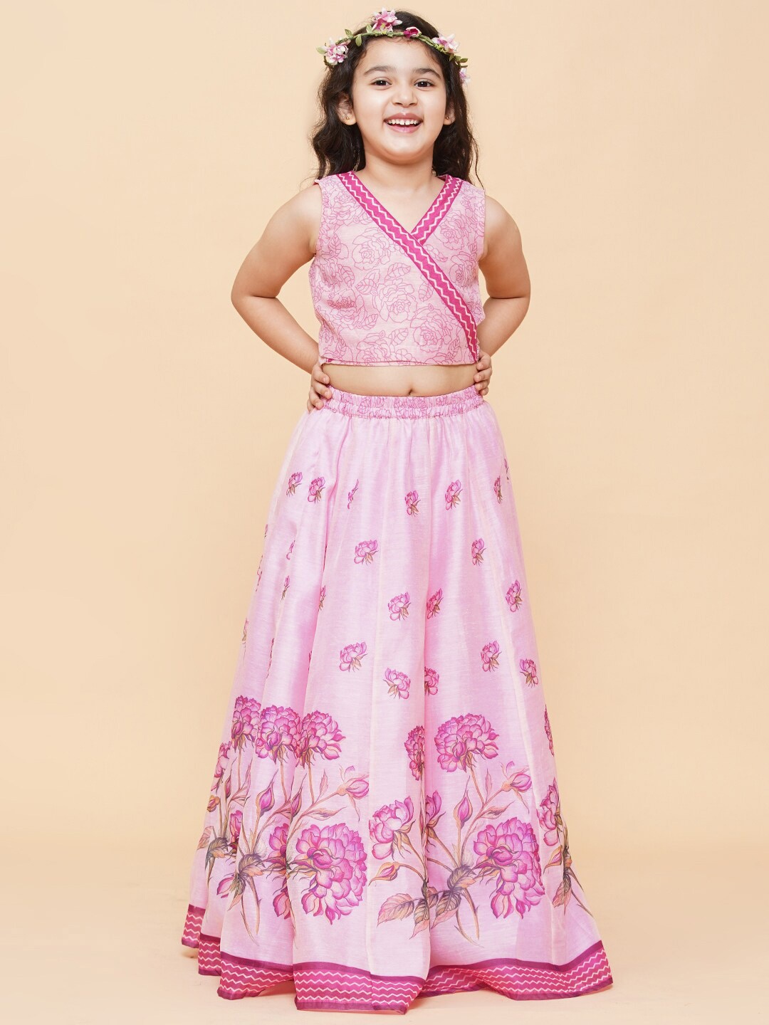 

Bitiya by Bhama Girls Pink & Lavender Printed Ready to Wear Lehenga with Blouse