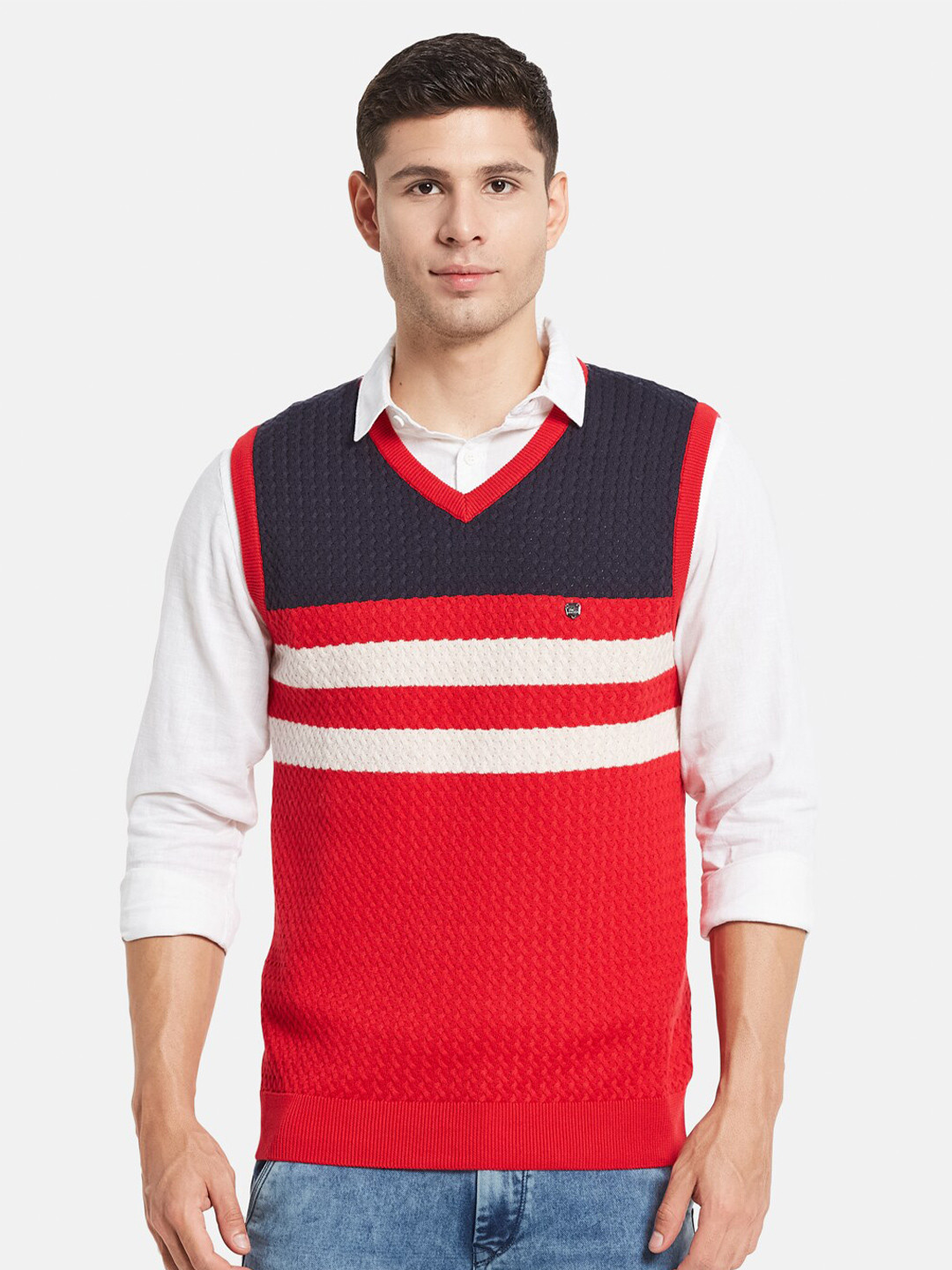 

Monte Carlo Men Red & Blue Colourblocked Cotton Sweater Vest