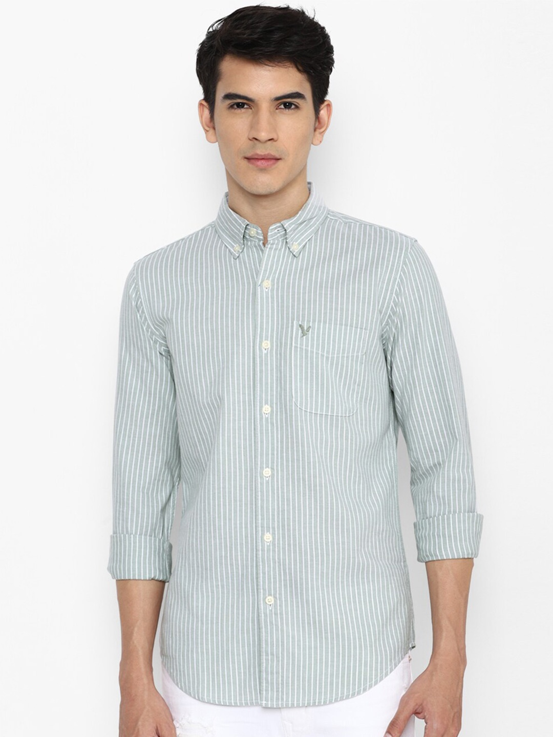 

AMERICAN EAGLE OUTFITTERS Men Sea Green Striped Pure Cotton Casual Shirt