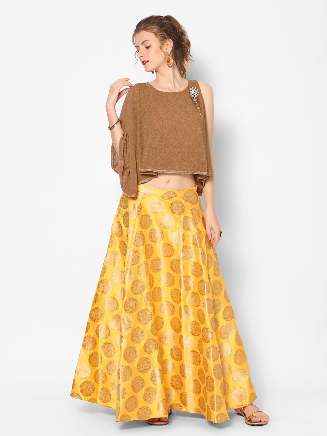 

Kiya Women Brown & Yellow Ready to Wear Lehenga Choli