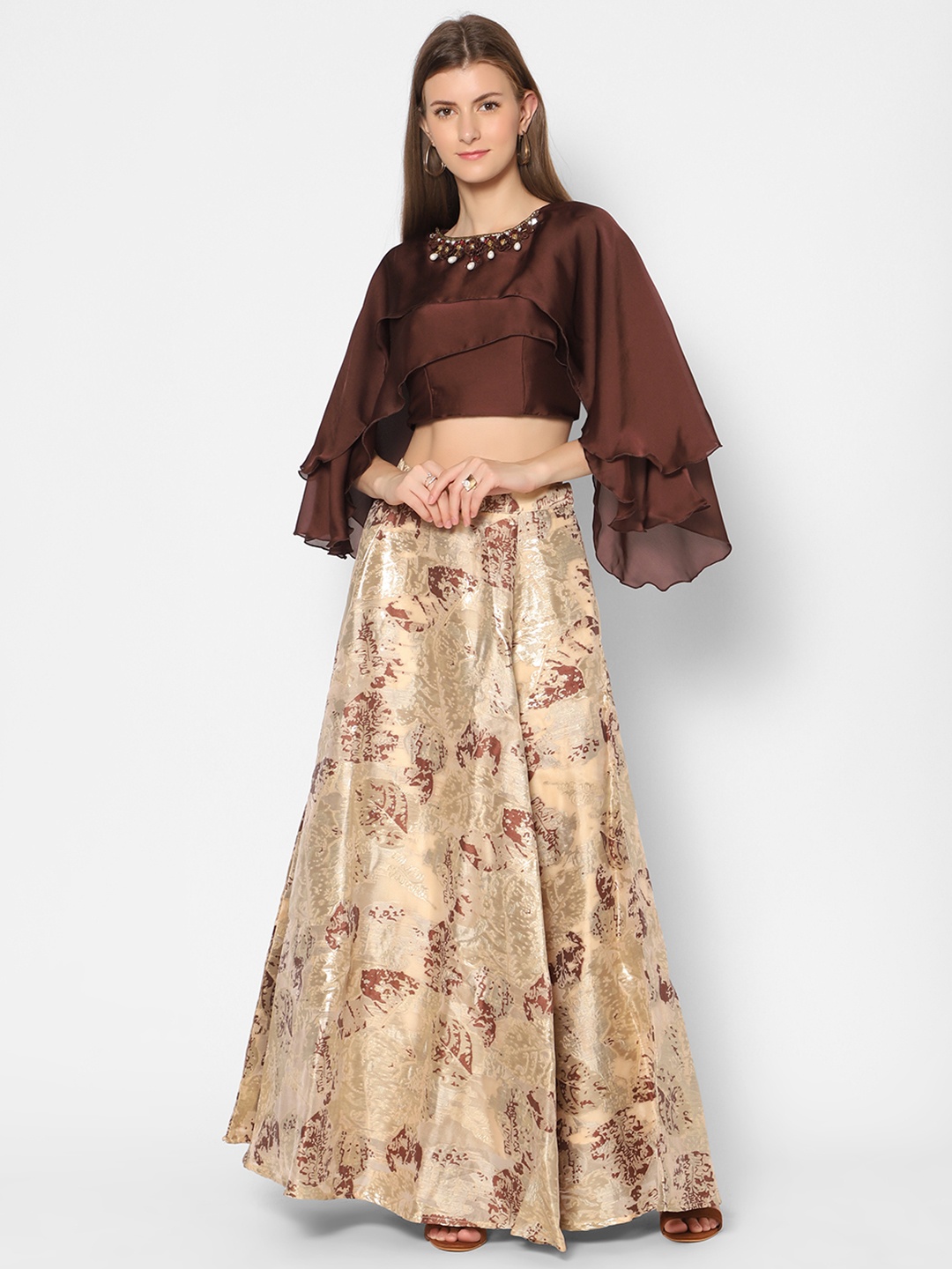 

Kiya Women Brown & Gold-Toned Embroidered Ready to Wear Lehenga Choli