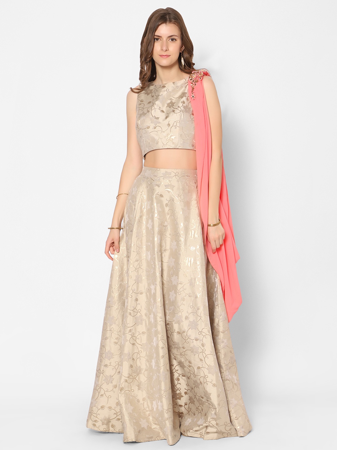 

Kiya Cream-Coloured & Peach-Coloured Ready to Wear Lehenga & Blouse With Dupatta